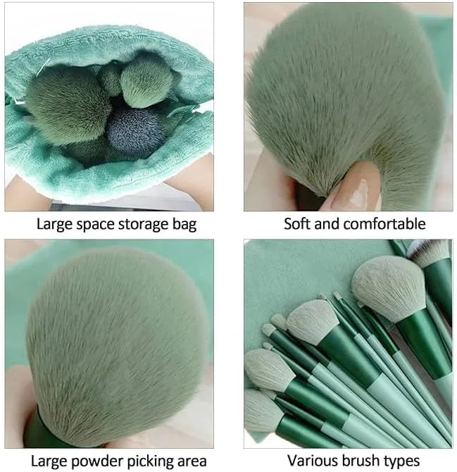 ست برس آرایشی ماکنا، مجموعه 13 عددی برس آرایش برای کرم پودر، ابرو، کانسیلر، سایه چشم، پودر، کیت برس آرایشی برای مسافرت و استفاده روزانه (سبز)