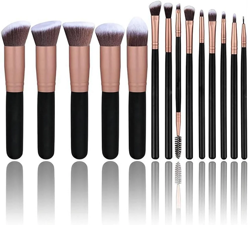ست برس آرایشی و ابزار پاک کننده آرایش 14 عددی، برس های آرایشی کابوکی مصنوعی، لوازم آرایشی، کرم پودر، ترکیب کننده، رژگونه، خط چشم، برس پودر صورت، کیت برس آرایشی (مشکی و طلایی)