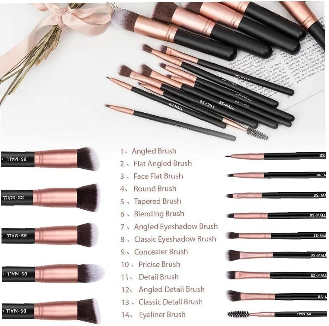 ست برس آرایشی و ابزار پاک کننده آرایش 14 عددی، برس های آرایشی کابوکی مصنوعی، لوازم آرایشی، کرم پودر، ترکیب کننده، رژگونه، خط چشم، برس پودر صورت، کیت برس آرایشی (مشکی و طلایی)