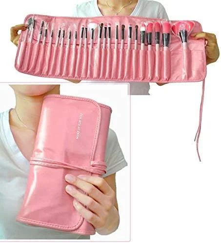 ست برس آرایشی 24 تکه حرفه ای میکاپ فور یو به همراه کیف چرمی تاشو - صورتی