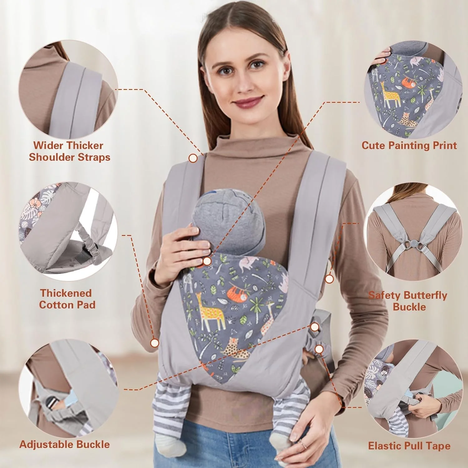 آغوشی نوزاد، آغوشی نوزاد از بدو تولد تا نوپا، نگهدارنده راحت و سبک نوزاد، آغوشی قابل تنظیم برای نوزادان دختر و پسر 3 تا 20 کیلوگرم، جلو عقب تمام حالات، هدیه سیسمونی - خاکستری