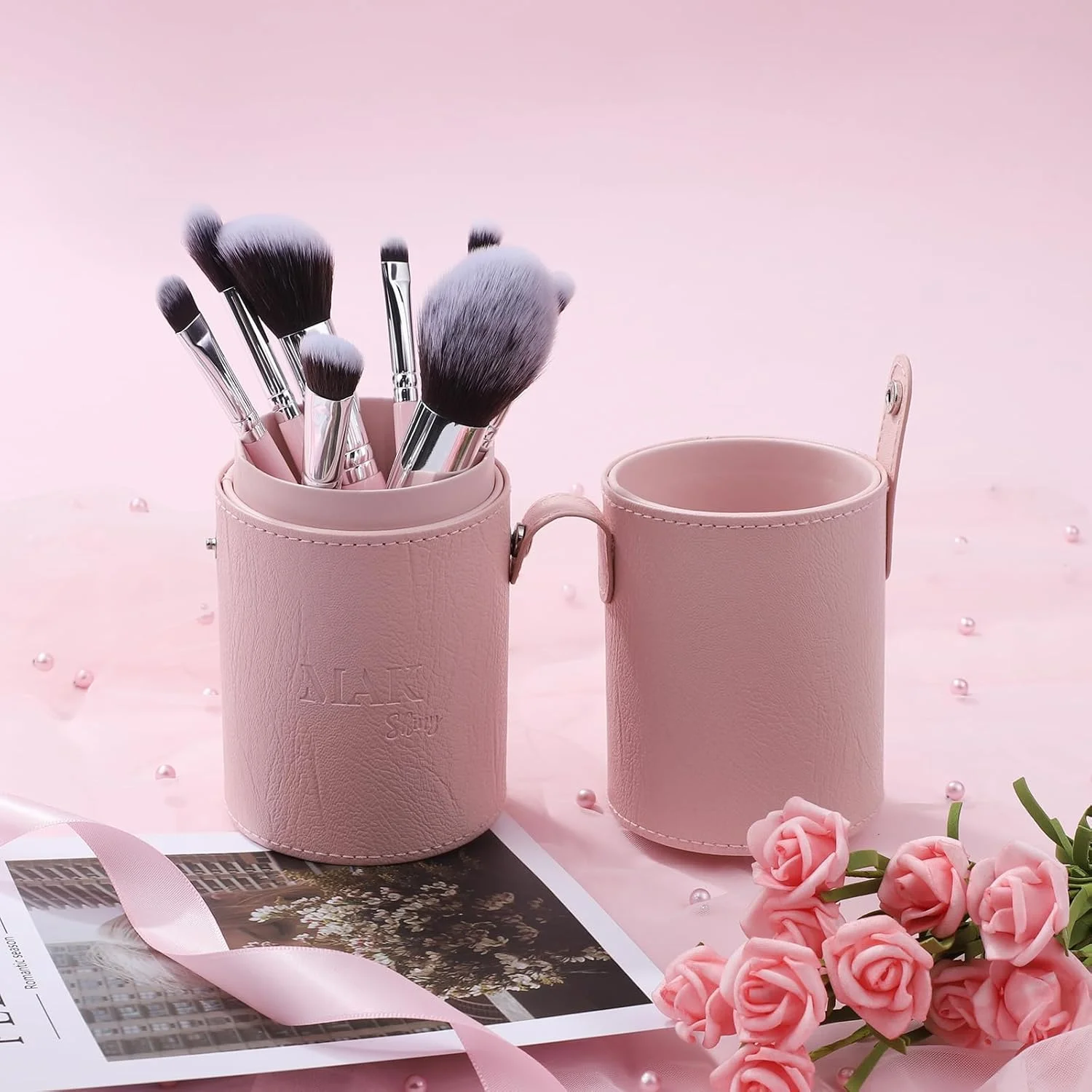 ست برس آرایشی براق MAK، ۹ تکه با کیف چرمی، چند منظوره با موی مصنوعی (۹ تکه + کیف چرمی)