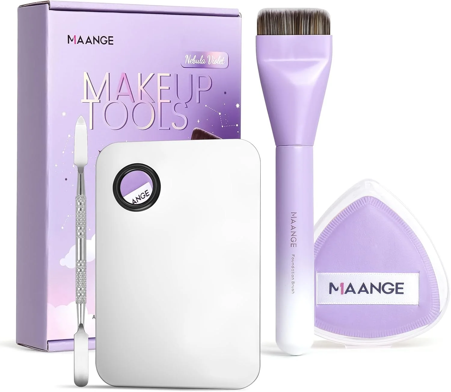 ست برس آرایشی MAANGE، ابزارهای برس آرایشی حرفه ای صورت با برس های فونداسیون تخت فوق العاده نازک/پالت/اسفنج برای فونداسیون مایع، ترکیب، کرم، کانسیلر (بنفش)