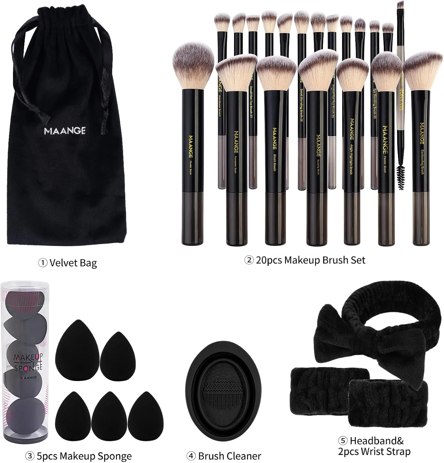 ست برس آرایشی MAANGE، 30 تکه، ست ابزار آرایشی چند منظوره با 20 عدد برس آرایشی، برس کرم پودر، ست برس آرایشی با کیف، مشکی