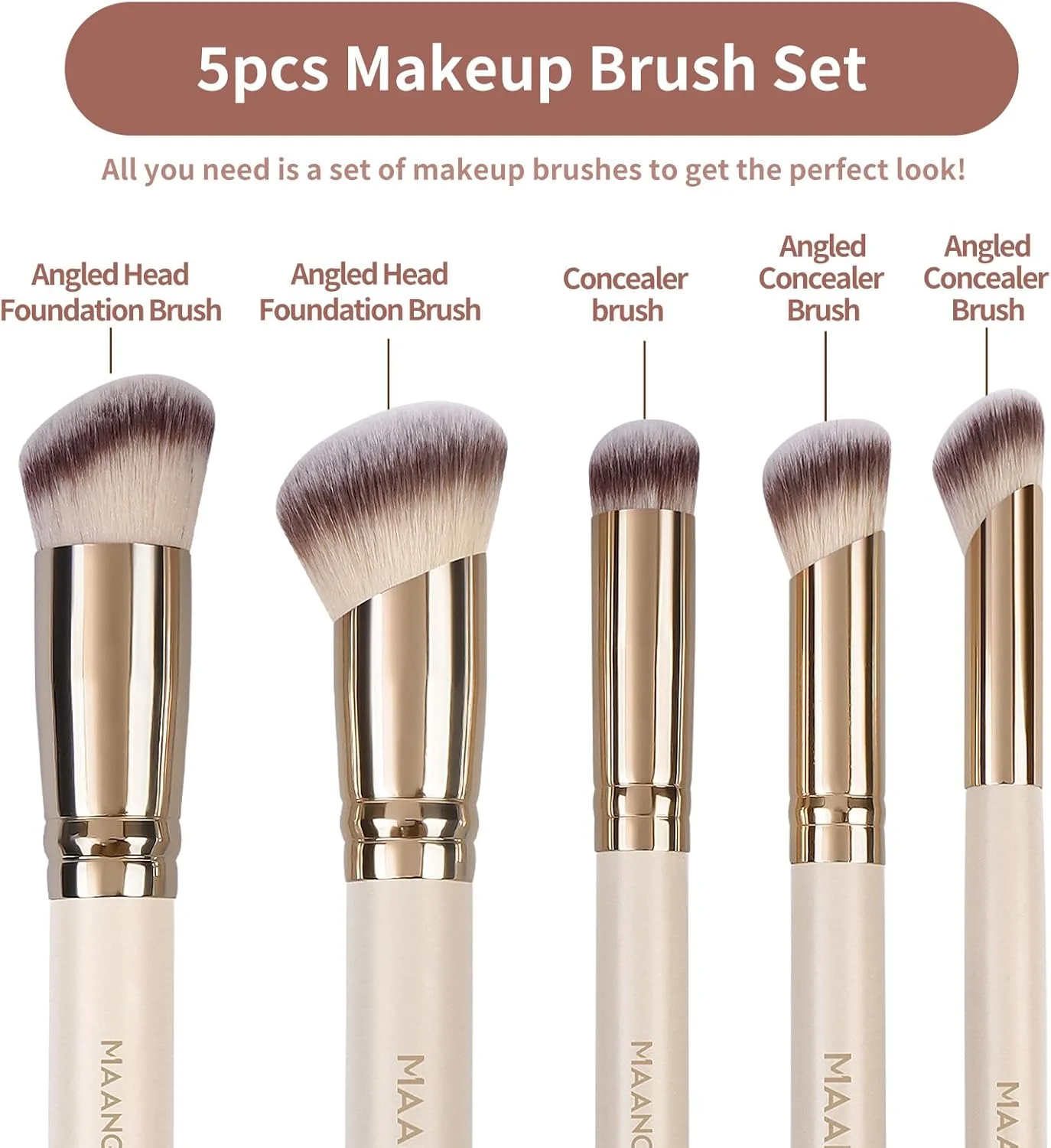 ست براش آرایشی مانگه 5 عددی، براش های آرایشی صورت، براش کرم پودر، کانسیلر، کانتور، براش های آرایشی با کیفیت عالی، بژ