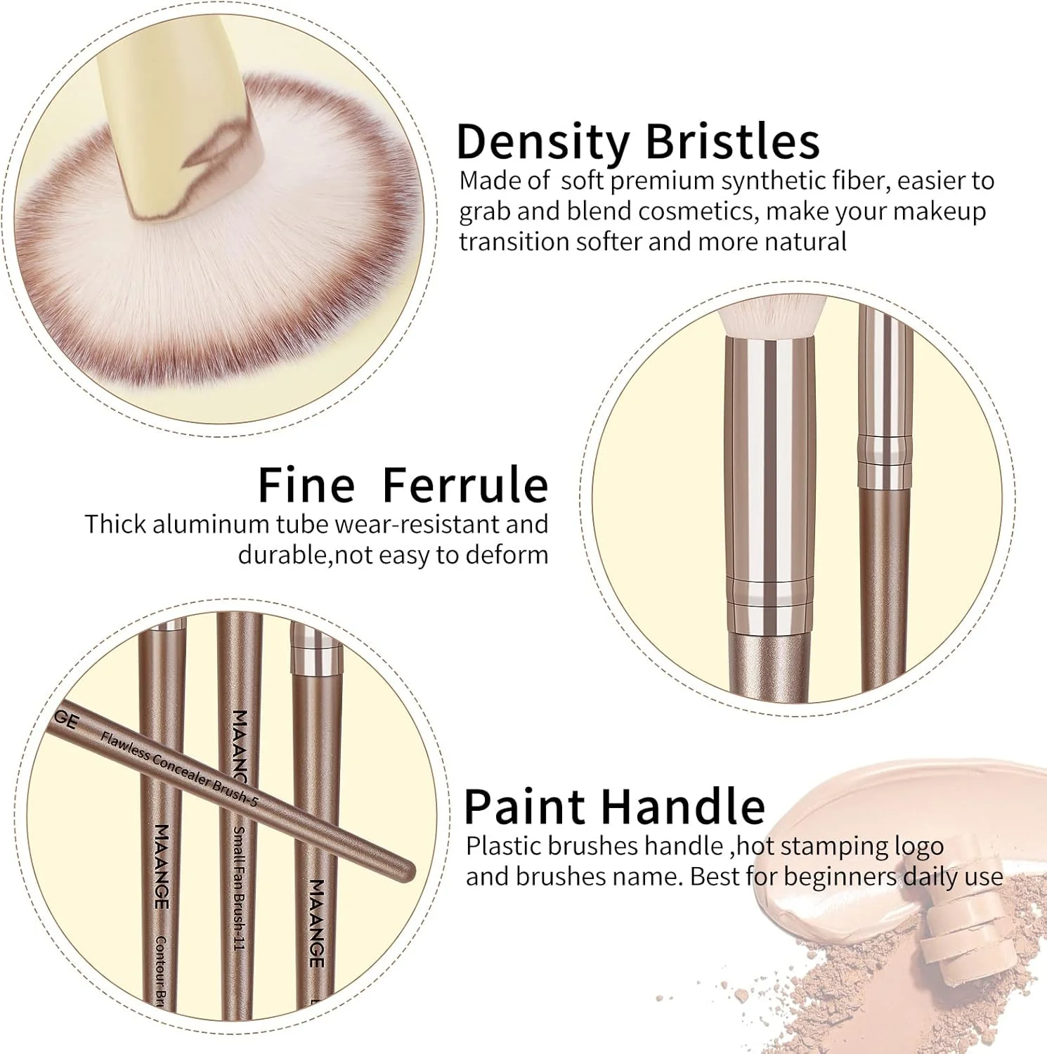 ست برس آرایشی ۲۳ تکه مانژ، برس های آرایشی مصنوعی حرفه ای برای رژگونه، برس های آرایشی برای چشم و صورت (شامپاینی)