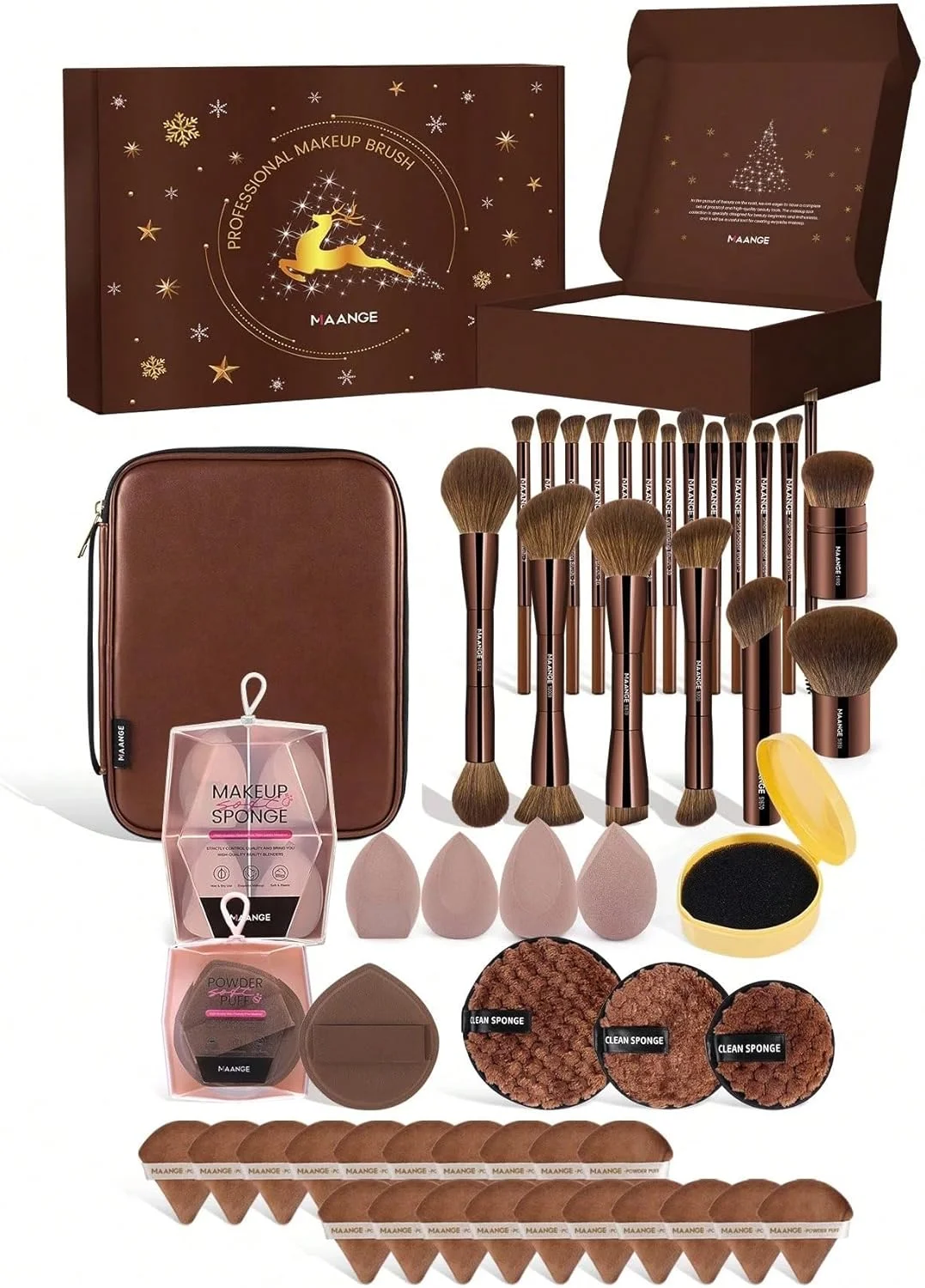 ست برس آرایشی 50 تکه MAANGE – شامل 20 برس با لوله آلومینیومی ممتاز، اسفنج آرایشی، پدهای پودر فیکس، پدهای پاک کننده آرایش، تمیز کننده برس و کیف لوازم آرایشی – کیت کامل ابزار آرایش حرفه ای