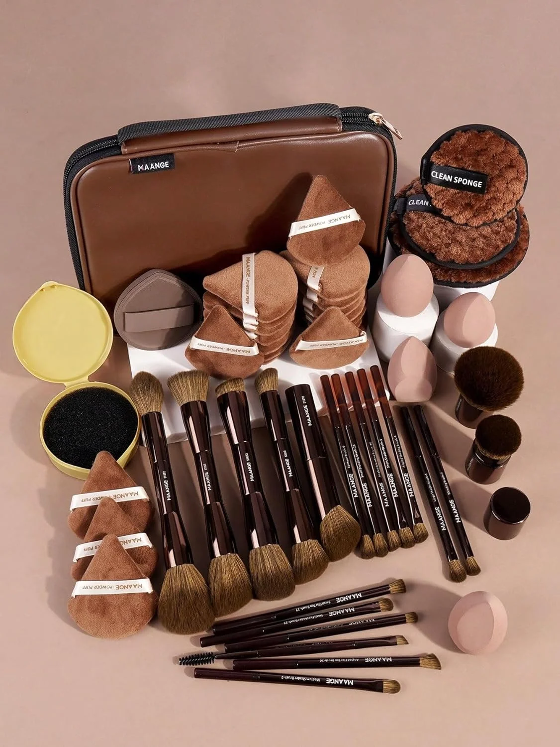 ست برس آرایشی 50 تکه MAANGE – شامل 20 برس با لوله آلومینیومی ممتاز، اسفنج آرایشی، پدهای پودر فیکس، پدهای پاک کننده آرایش، تمیز کننده برس و کیف لوازم آرایشی – کیت کامل ابزار آرایش حرفه ای