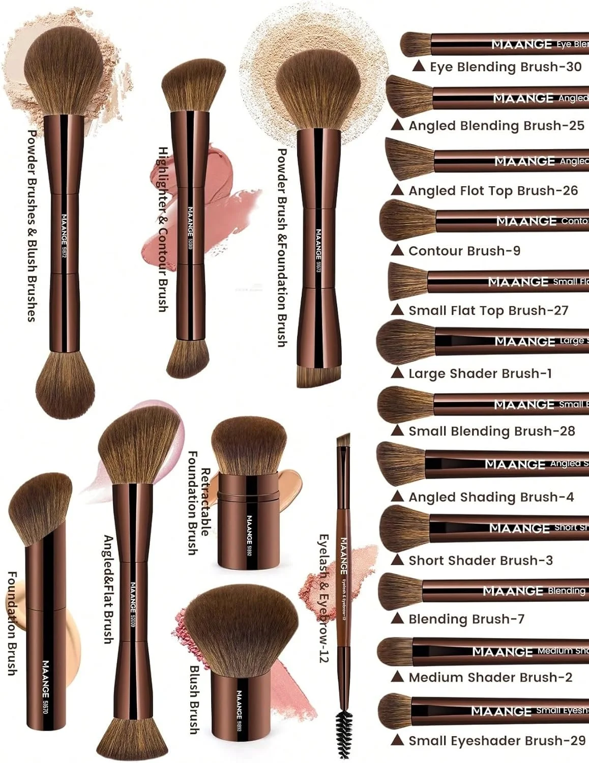 ست برس آرایشی 50 تکه MAANGE – شامل 20 برس با لوله آلومینیومی ممتاز، اسفنج آرایشی، پدهای پودر فیکس، پدهای پاک کننده آرایش، تمیز کننده برس و کیف لوازم آرایشی – کیت کامل ابزار آرایش حرفه ای