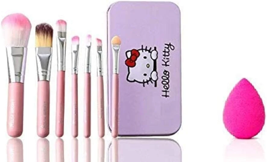 ست برس آرایشی لوکزا ایندیا بیوتی، ۷ تکه، با جعبه طرح هلو کیتی صورتی و پد اسفنجی آرایشی