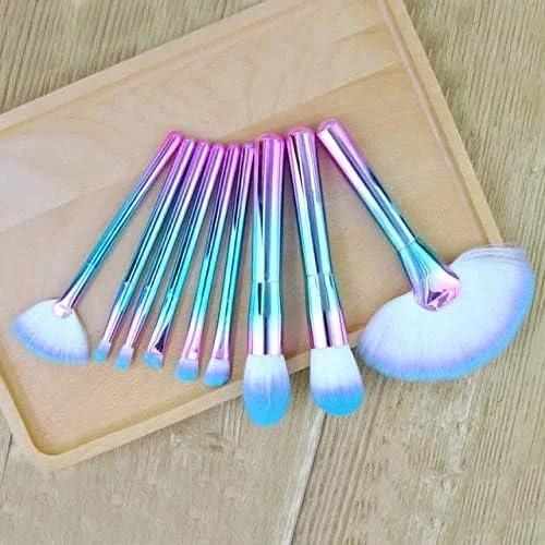 ست برس آرایشی لوکس بیوتی، 9 تکه برس فانتزی آرایشی شامل برس کرم پودر، پودر، کانتور، سایه چشم، ابرو، بادبزنی، کانسیلر، لب و رژگونه (دسته آلومینیومی رنگارنگ)