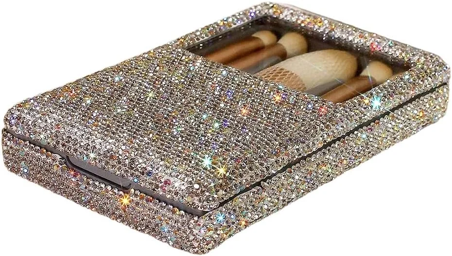 ست براش آرایشی نگین دار لوکس - ست براش مسافرتی 5 تکه قابل حمل با آینه (نقره ای)