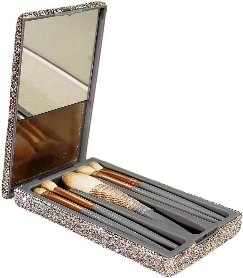 ست براش آرایشی نگین دار لوکس - ست براش مسافرتی 5 تکه قابل حمل با آینه (نقره ای)