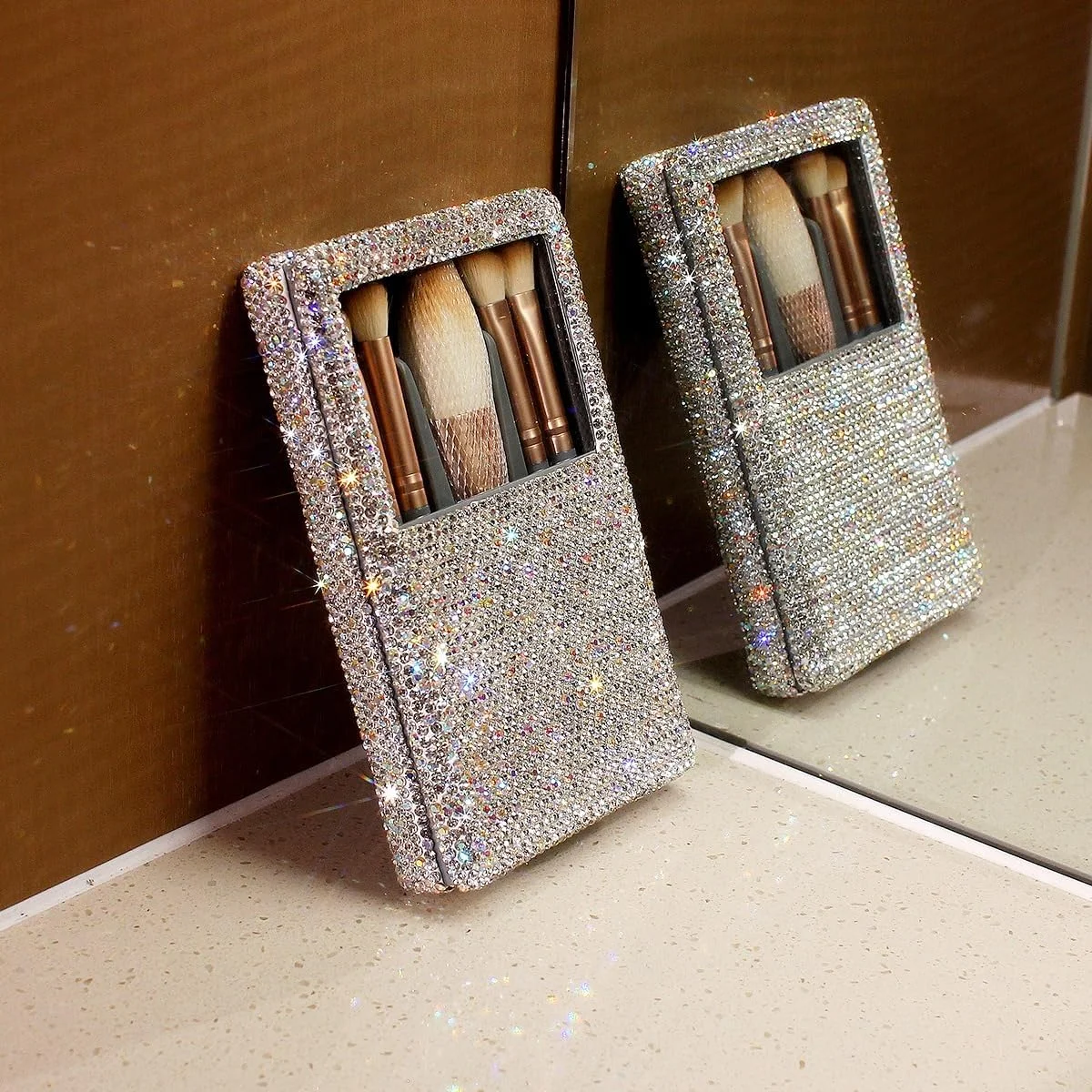 ست براش آرایشی نگین دار لوکس - ست براش مسافرتی 5 تکه قابل حمل با آینه (نقره ای)