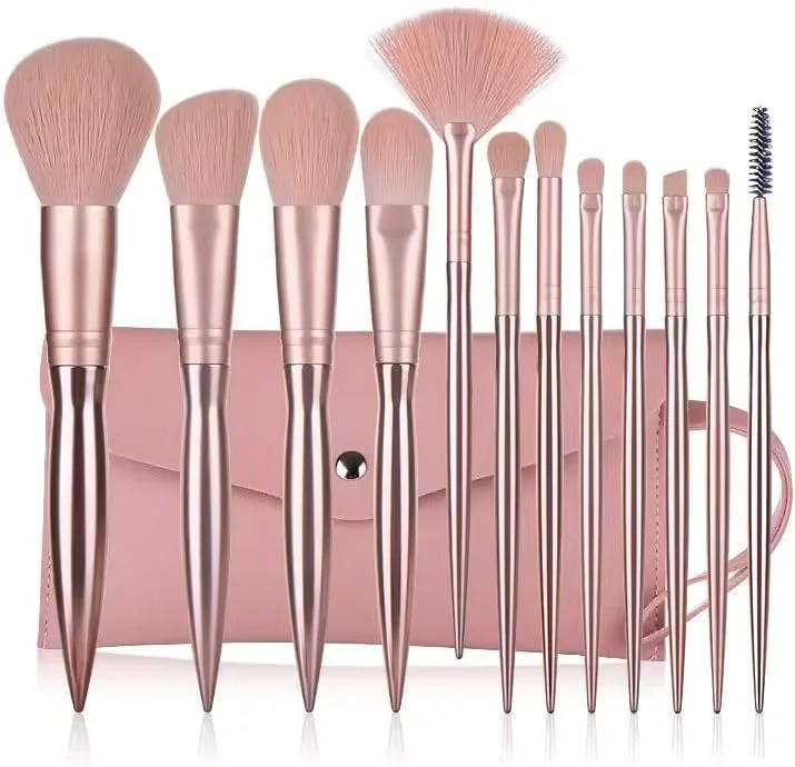 ست برس آرایشی لوکس 12 تکه روکش طلای رز، برس های آرایشی وگان به همراه کیف