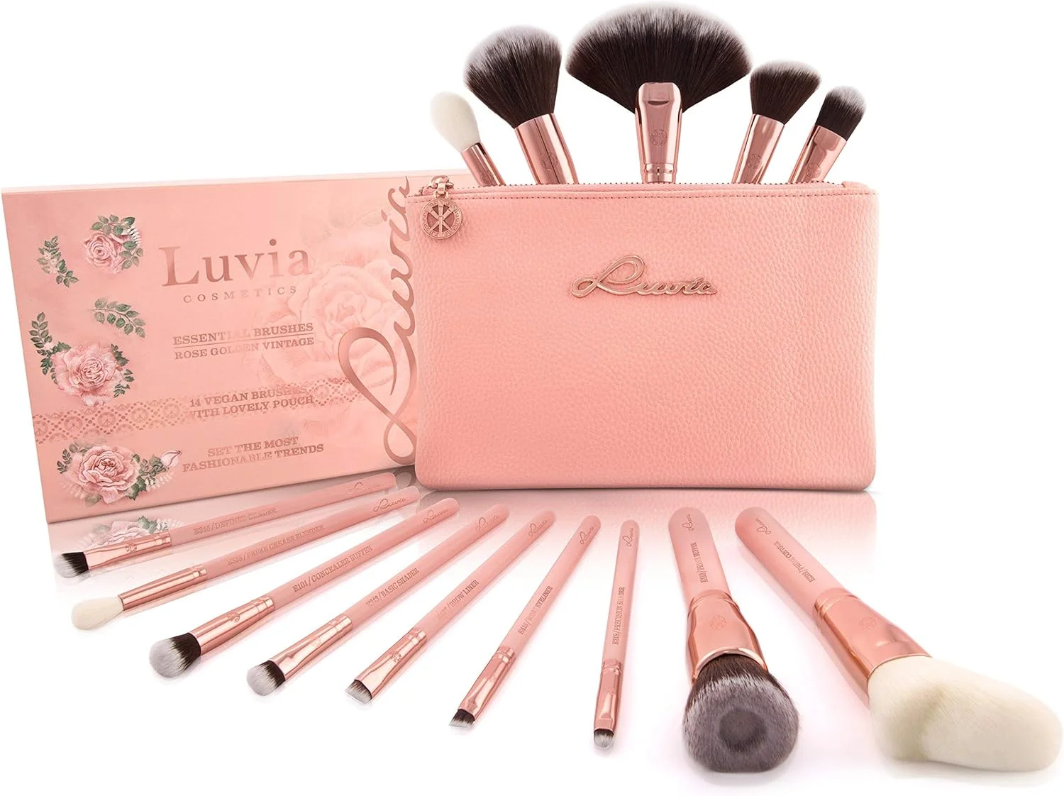 ست براش آرایشی Luvia به همراه کیف لوازم آرایشی - ست براش آرایشی رز گلدن وینتیج - 14 براش آرایشی/براش آرایشی حرفه ای در رنگ های نود/رز گلد - ایده هدیه - وگان