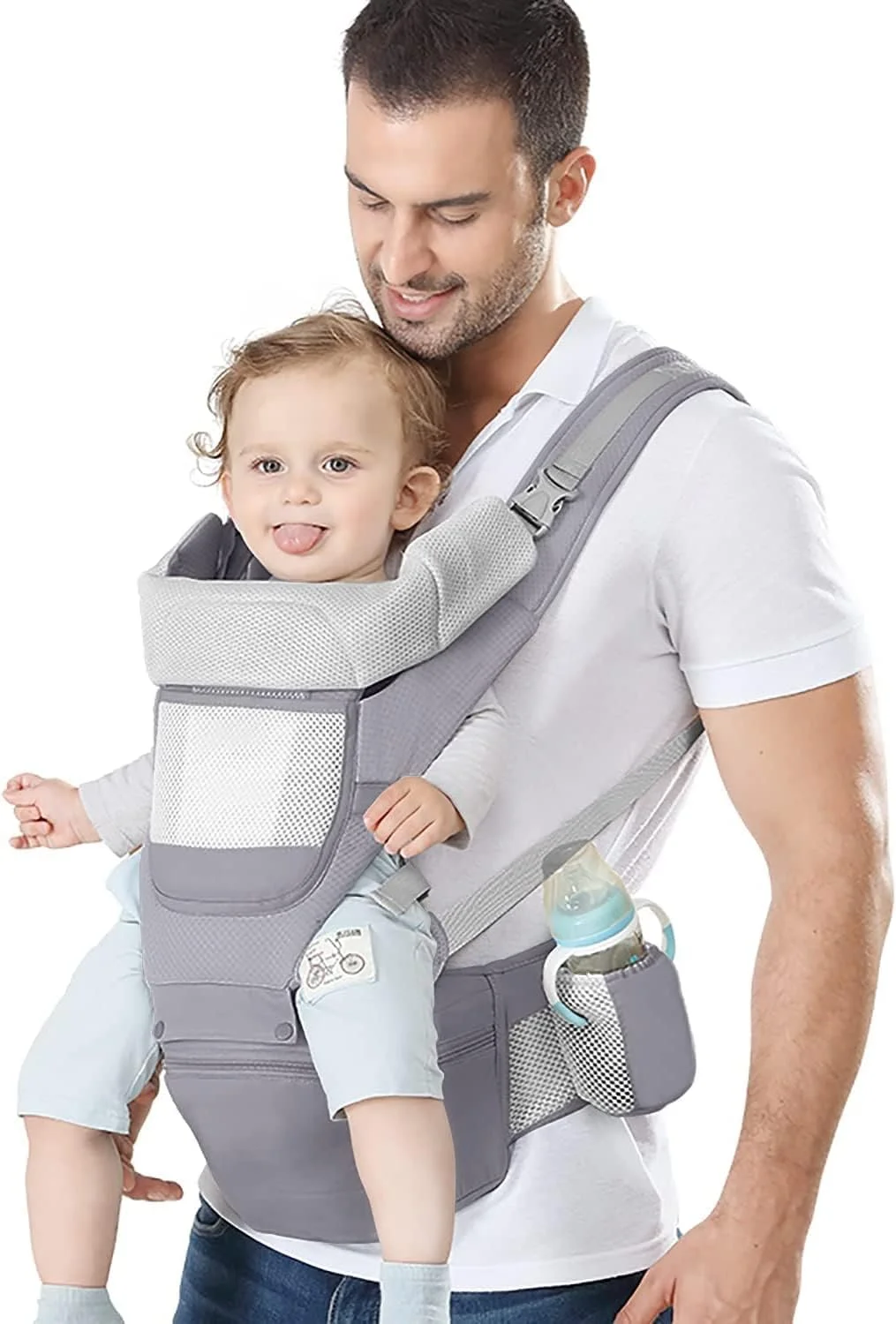 YSSKTC Baby Carrier Ergonomic Infant Carrier with Hip Seat Kangaroo Bag Soft Baby Carrier Newborn to Toddler 7-45lbs Front and Back Baby Holder Carrier for Men Dad Mom (Grey)