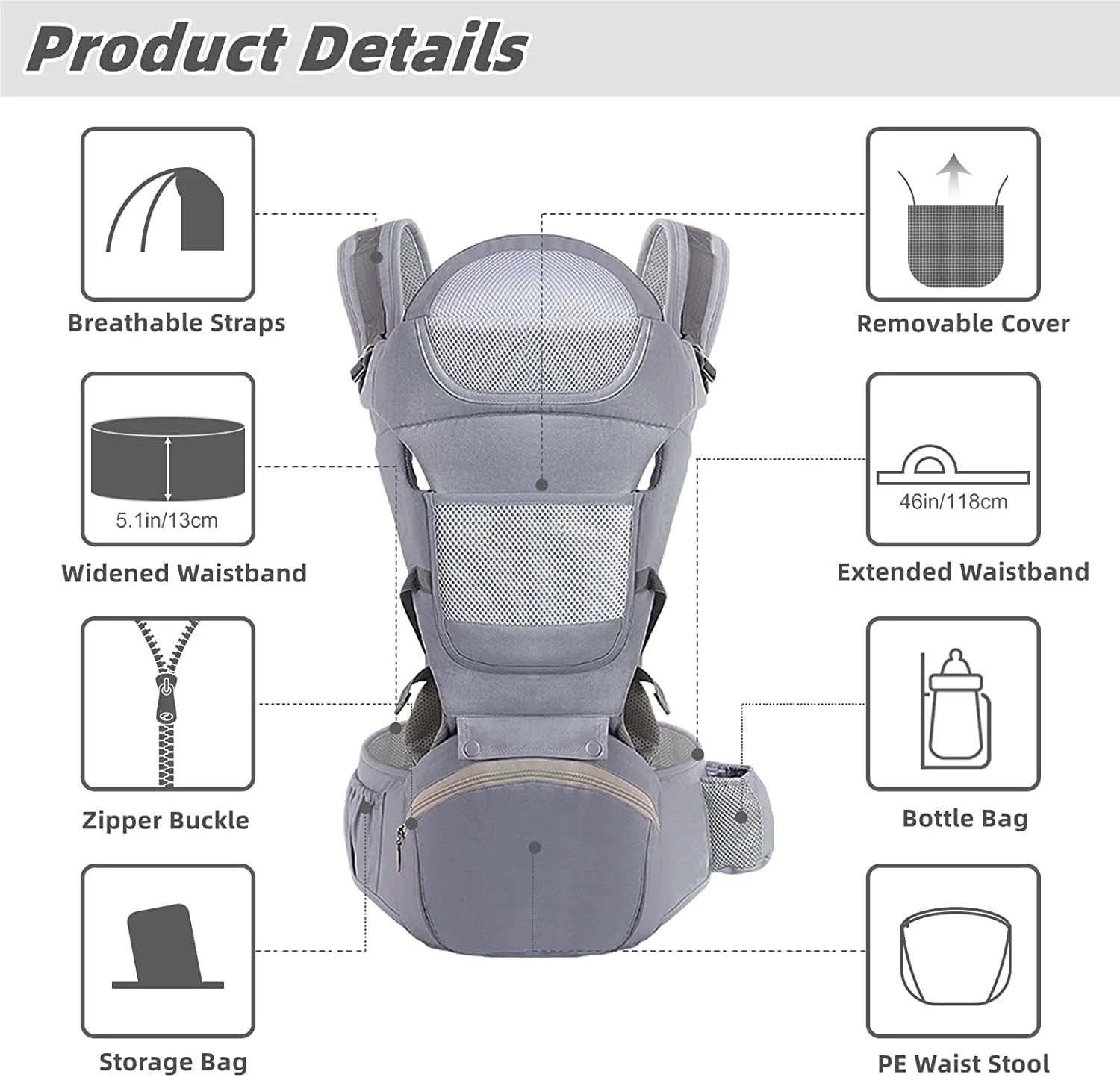 YSSKTC Baby Carrier Ergonomic Infant Carrier with Hip Seat Kangaroo Bag Soft Baby Carrier Newborn to Toddler 7-45lbs Front and Back Baby Holder Carrier for Men Dad Mom (Grey)