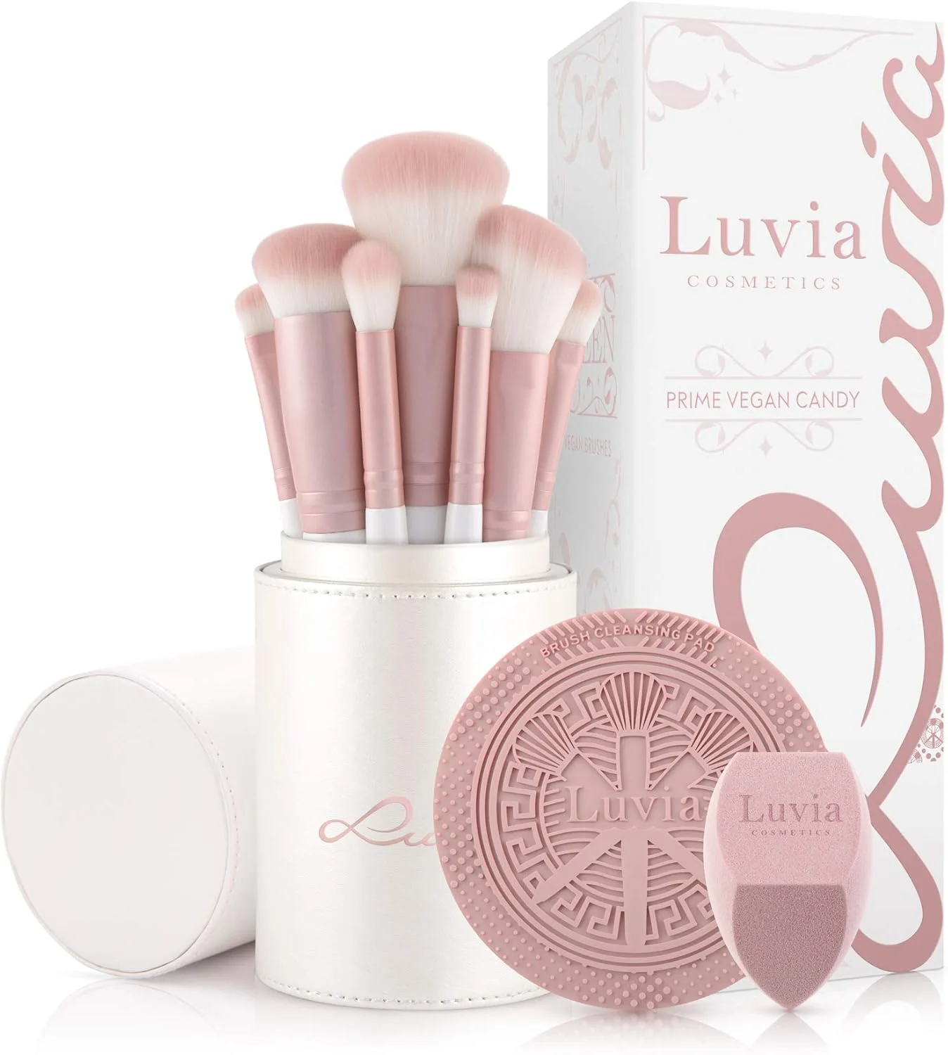 ست براش آرایشی گیاهی لuvia Cosmetics Prime Candy Pro، شامل 7 براش آرایشی به همراه محفظه نگهداری براش، اسفنج بلندر و مت تمیز کننده براش، با رنگ های صدفی و صورتی مرواریدی