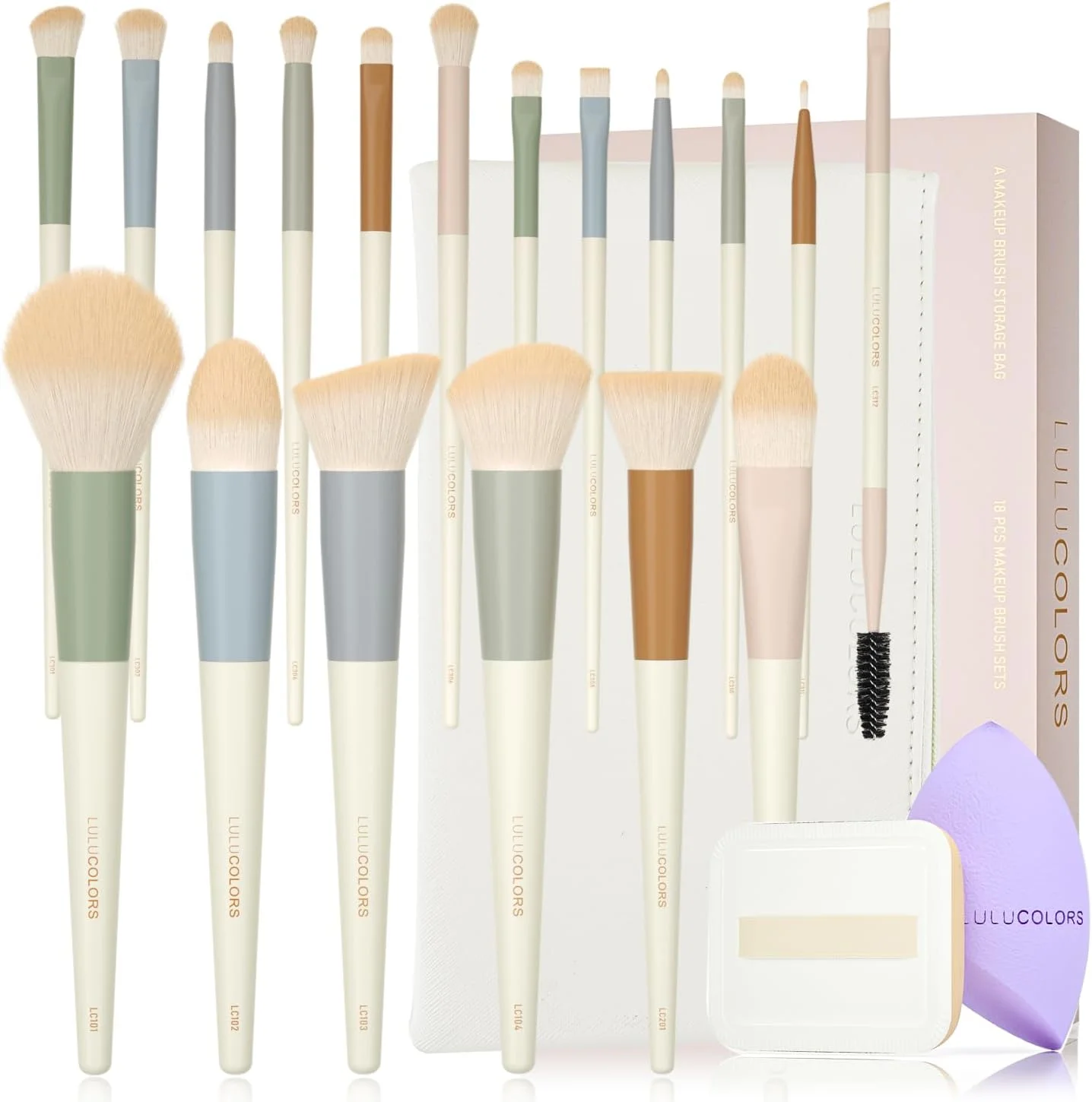 ست برس آرایشی 18 تکه سری رنگارنگ LULUCOLORS با موهای مصنوعی نرم و بدون تست حیوانی، دسته های چوبی مات، 2 اسفنج آرایشی بدون لاتکس و کیف نگهداری مسافرتی - برس