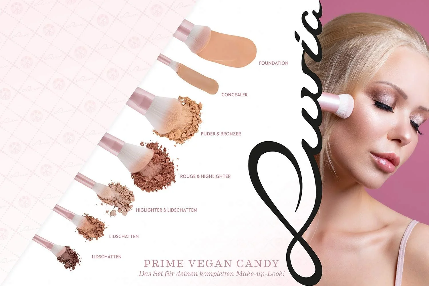 ست براش آرایشی گیاهی لuvia Cosmetics Prime Candy Pro، شامل 7 براش آرایشی به همراه محفظه نگهداری براش، اسفنج بلندر و مت تمیز کننده براش، با رنگ های صدفی و صورتی مرواریدی ست براش آرایشی گیاهی لuvia Cosmetics Prime Candy Pro، شامل 7 براش آرایشی به همراه محفظه نگهداری براش، اسفنج بلندر و مت تمیز کننده براش، با رنگ های صدفی و صورتی مرواریدی