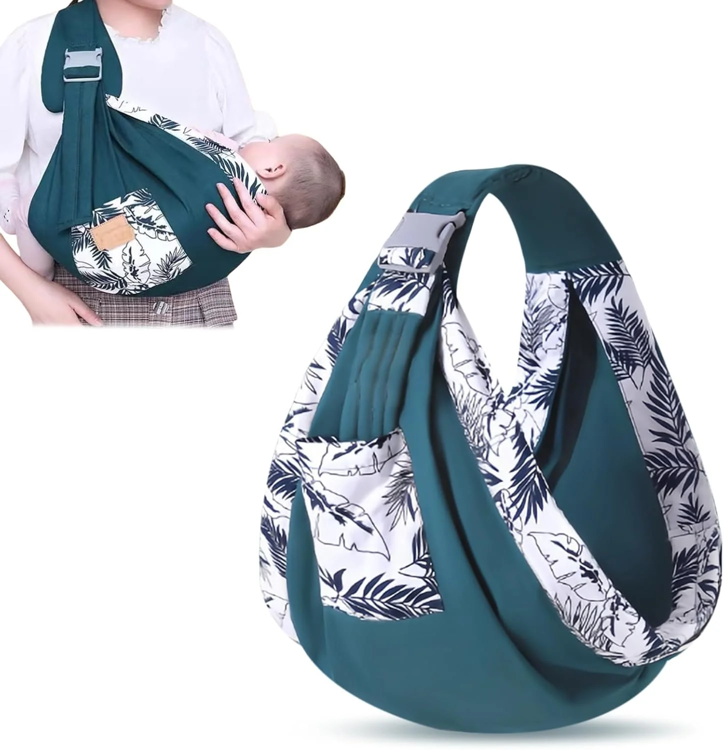 آغوشی نوزاد قابل حمل - آغوشی کودک با بند شانه قابل تنظیم با طرح برگ، نرم و سبک وزن و ضد لغزش مناسب برای 0-36 ماه (سبز تیره)