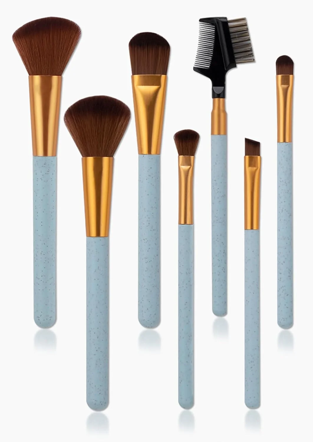 ست برس آرایشی پایدار با دسته کاه گندم طبیعی Lucky Interests، ست برس آرایشی مسافرتی 7 تکه ممتاز، برس های لوازم آرایشی برای کرم پودر، کانسیلر، سایه چشم، رژگونه، آبی