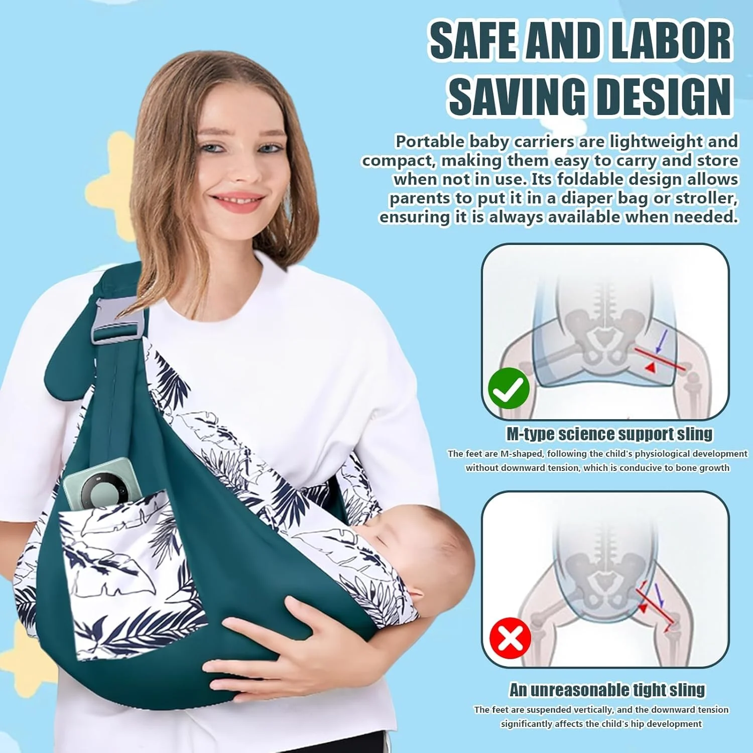 آغوشی نوزاد قابل حمل - آغوشی کودک با بند شانه قابل تنظیم با طرح برگ، نرم و سبک وزن و ضد لغزش مناسب برای 0-36 ماه (سبز تیره)