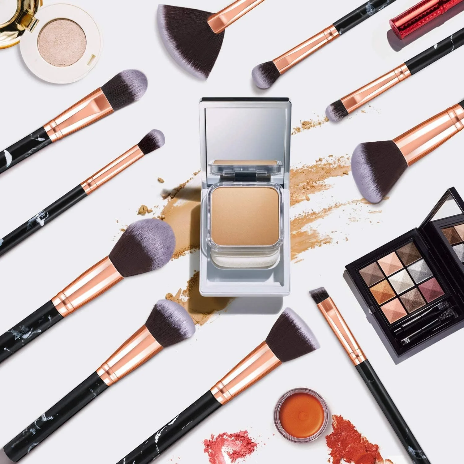 ست برس آرایشی LOVE LOVE BELOVED، ست 10 عددی برس آرایشی طرح سنگ مرمر، برس پودر فونداسیون، ست برس های سایه چشم