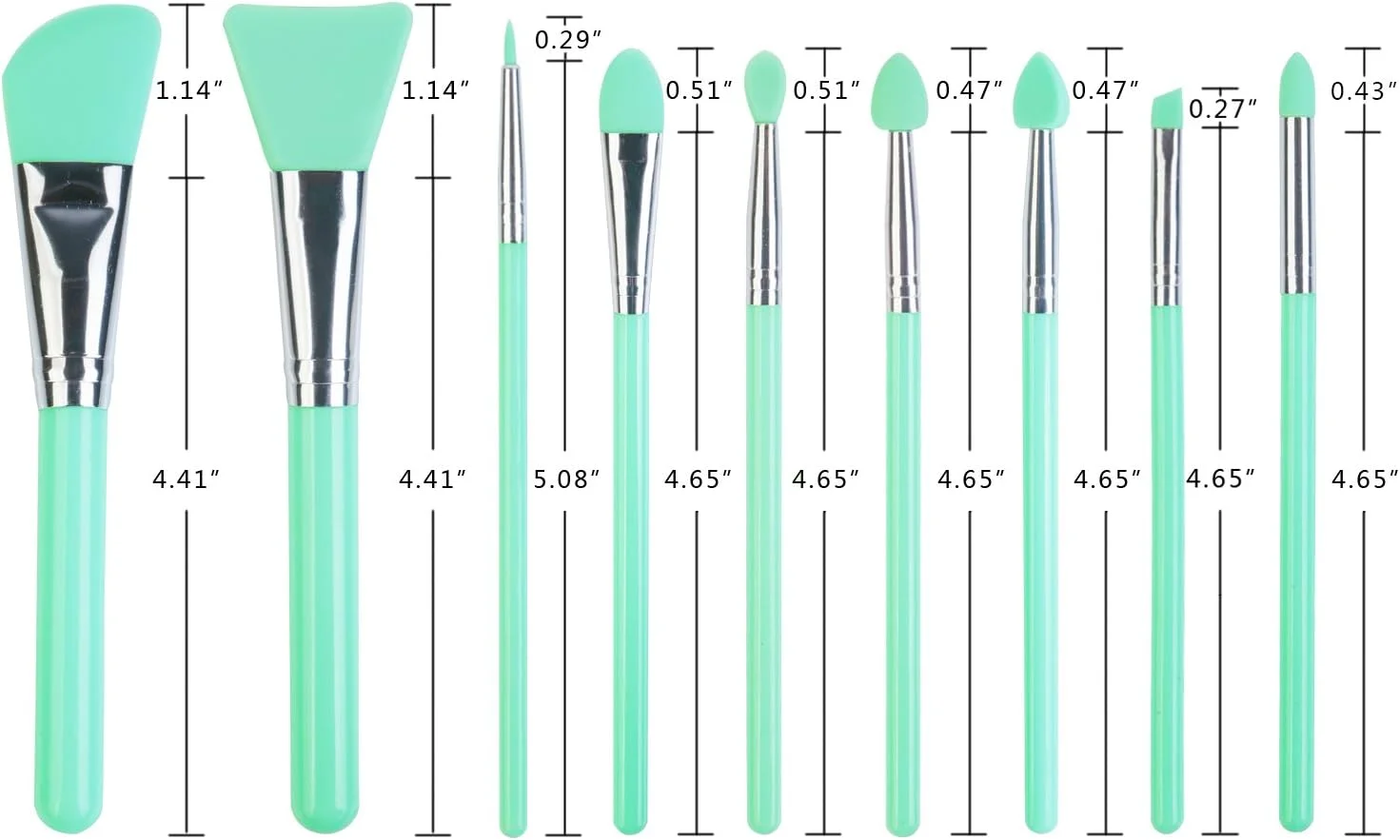 ست برس آرایشی سیلیکونی 9 عددی Lormay. اپلیکاتور برای ماسک صورت، خط چشم، ابرو، سایه چشم و آرایش لب، و رزین اپوکسی UV (سبز نعنایی)