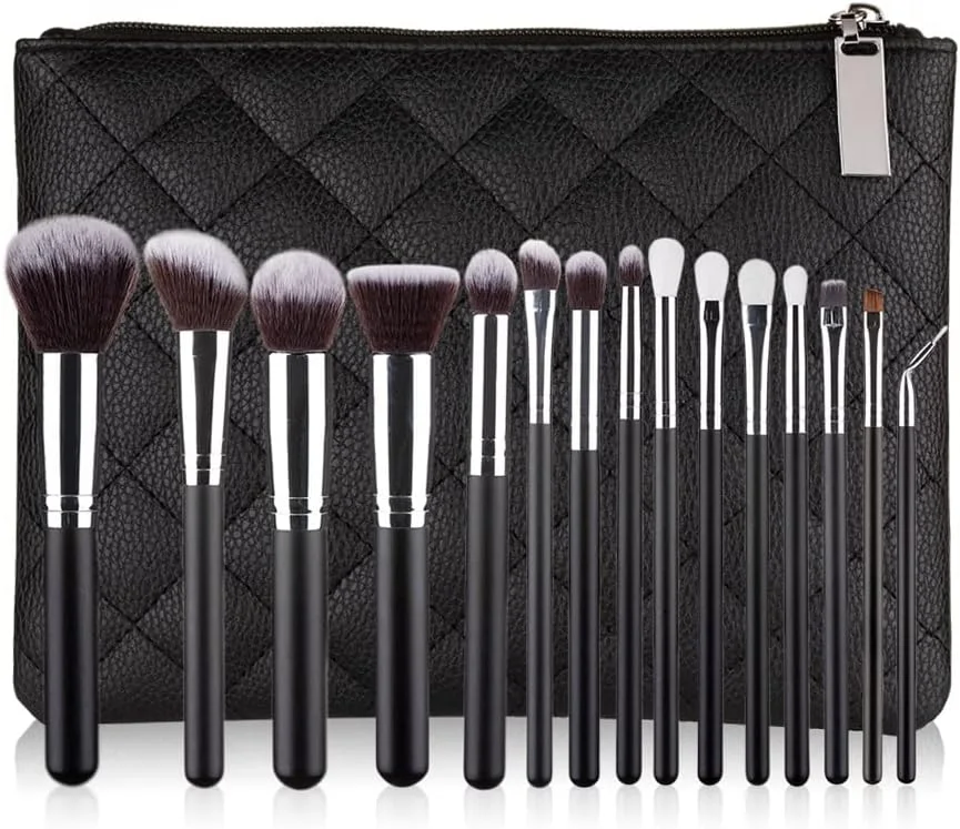 مجموعه 15 عددی برس آرایشی لینجولی، برس های آرایشی حرفه ای، ابزارهای آرایشی و زیبایی، موی نرم مصنوعی با کیف چرمی، محصولات آرایشی