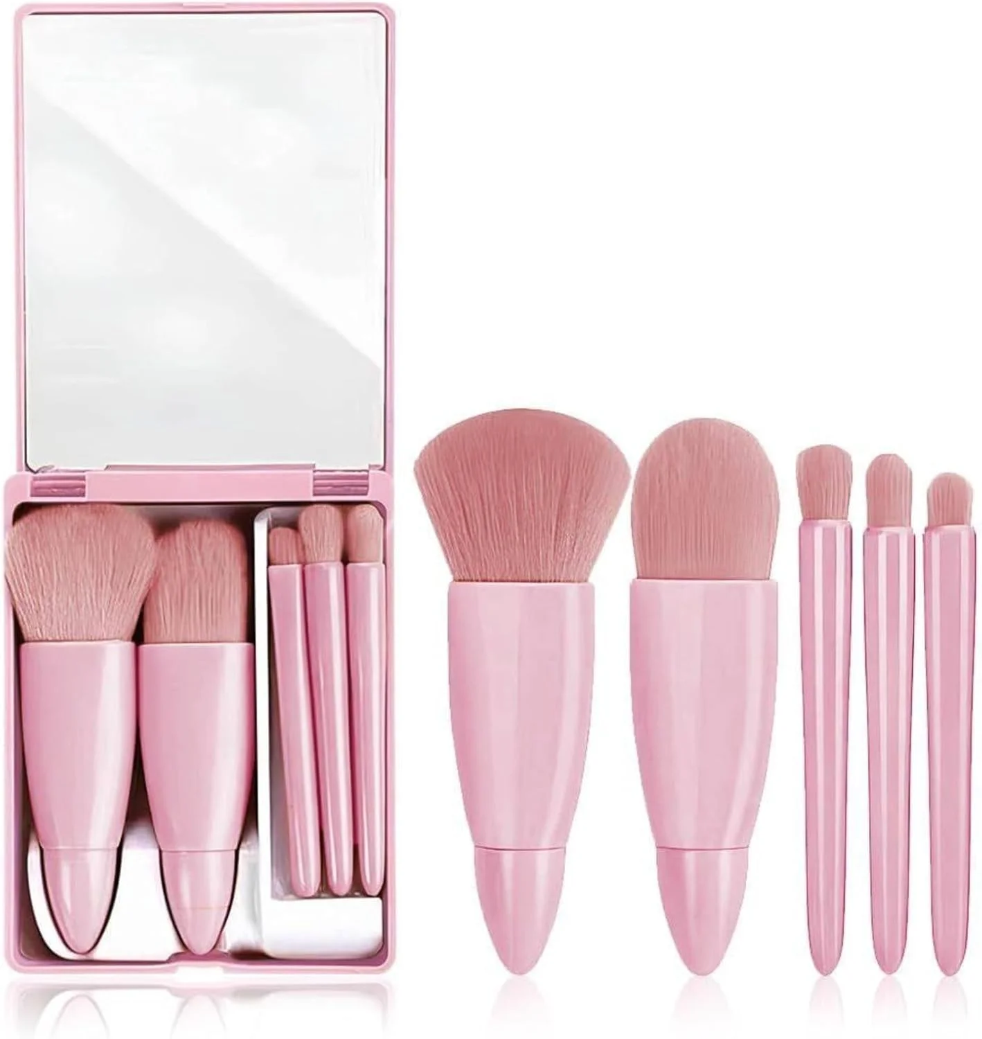 مجموعه برس آرایشی مسافرتی کوچک LIKE 2 STORE® با آینه، مجموعه کامل برس های آرایشی 5 تکه مناسب برای استفاده در کرم پودر صورت، پودر، کانسیلر، ابرو، سایه چشم، رژگونه و برق لب
