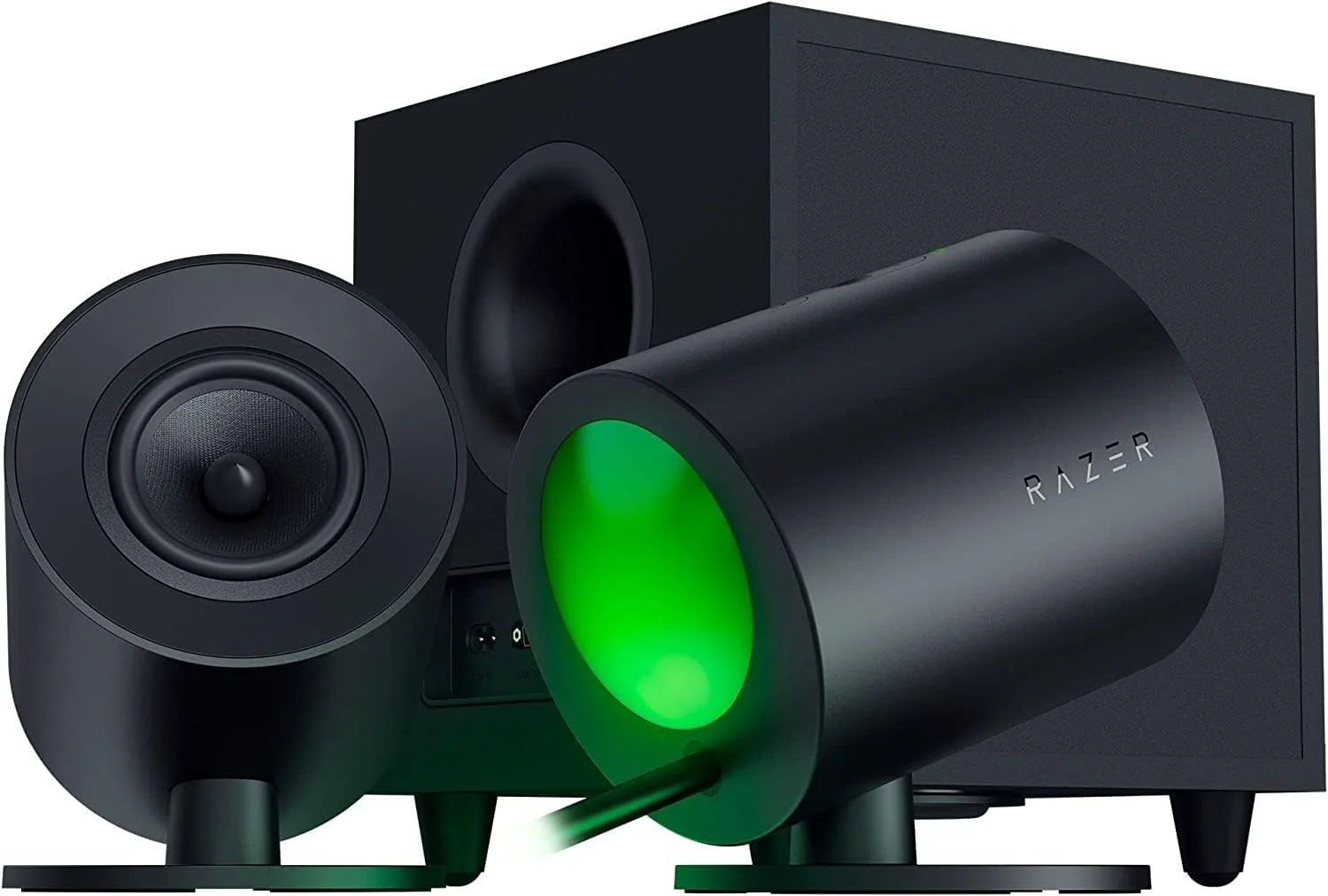 اسپیکرهای گیمینگ کامپیوتر 2.1 Razer Nommo V2 با ساب ووفر سیمی، صدای فضایی THX، نورپردازی Chroma RGB، ساب ووفر Down-Firing با درایور 5.5 اینچی، پاد کنترل بی سیم - مشکی