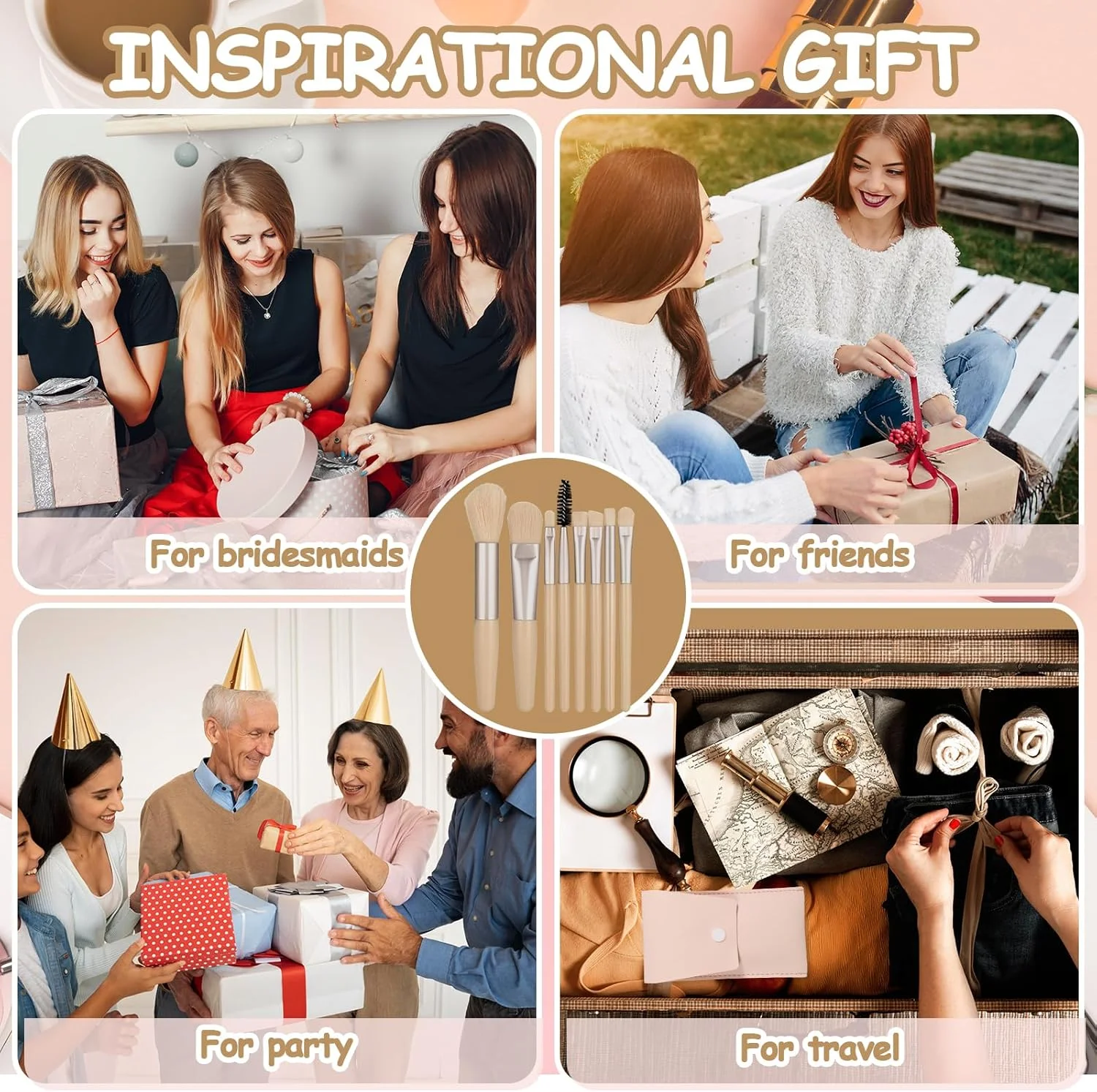 ست برس آرایشی مسافرتی لمسیما، 12 عددی، کیف برس، هدیه ساقدوش عروس، برس های آرایشی صورت با الیاف مصنوعی، برس رژگونه زاویه دار برای هدیه مهمانی مجردی و عروسی (بژ عاجی)