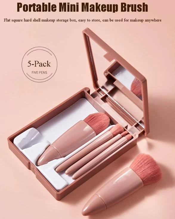 مجموعه برس آرایشی مسافرتی کوچک LIKE 2 STORE® با آینه، مجموعه کامل برس های آرایشی 5 تکه مناسب برای استفاده در کرم پودر صورت، پودر، کانسیلر، ابرو، سایه چشم، رژگونه و برق لب مجموعه برس آرایشی مسافرتی کوچک LIKE 2 STORE® با آینه، مجموعه کامل برس های آرایشی 5 تکه مناسب برای استفاده در کرم پودر صورت، پودر، کانسیلر، ابرو، سایه چشم، رژگونه و برق لب