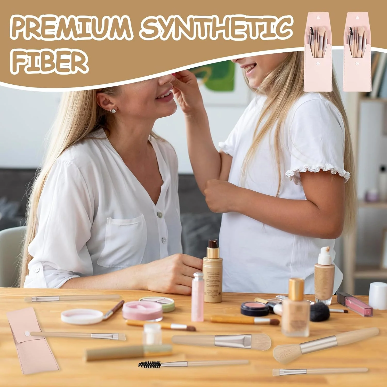 ست برس آرایشی مسافرتی لمسیما، 12 عددی، کیف برس، هدیه ساقدوش عروس، برس های آرایشی صورت با الیاف مصنوعی، برس رژگونه زاویه دار برای هدیه مهمانی مجردی و عروسی (بژ عاجی)