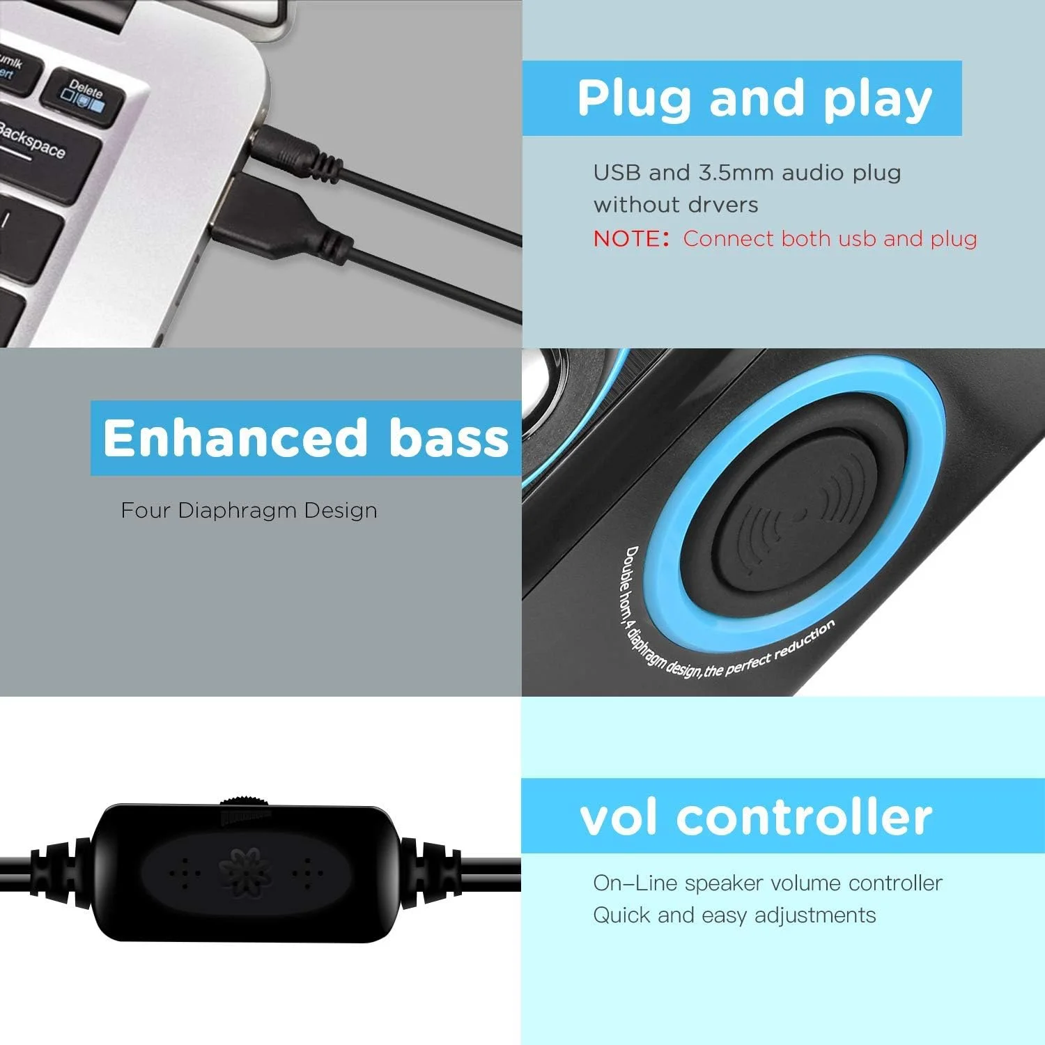 اسپیکر کامپیوتر فراگیر RECCAZR با باس عمیق، اسپیکر چند رسانه ای سیمی USB برای رایانه شخصی/لپ تاپ/تلفن هوشمند، دارای چهار دیافراگم بلندگوی داخلی اسپیکر کامپیوتر فراگیر RECCAZR با باس عمیق، اسپیکر چند رسانه ای سیمی USB برای رایانه شخصی/لپ تاپ/تلفن هوشمند، دارای چهار دیافراگم بلندگوی داخلی