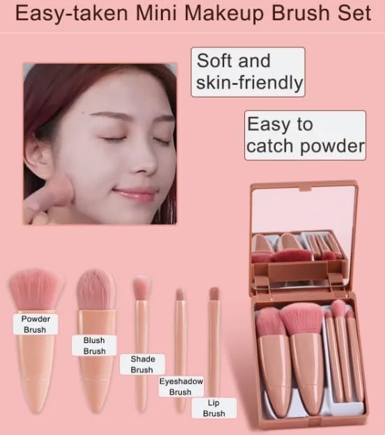 مجموعه برس آرایشی مسافرتی کوچک LIKE 2 STORE® با آینه، مجموعه کامل برس های آرایشی 5 تکه مناسب برای استفاده در کرم پودر صورت، پودر، کانسیلر، ابرو، سایه چشم، رژگونه و برق لب مجموعه برس آرایشی مسافرتی کوچک LIKE 2 STORE® با آینه، مجموعه کامل برس های آرایشی 5 تکه مناسب برای استفاده در کرم پودر صورت، پودر، کانسیلر، ابرو، سایه چشم، رژگونه و برق لب