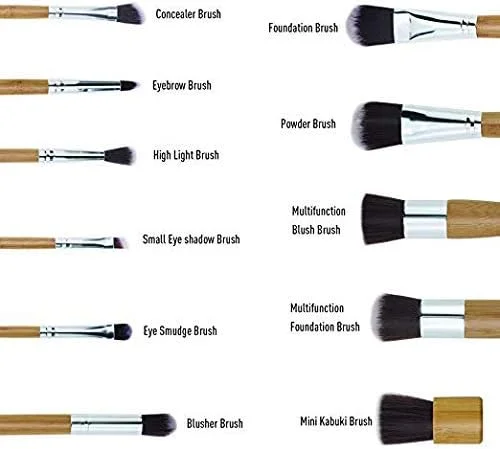 ست براش آرایشی کایلی - 11 تکه براش آرایشی حرفه ای بامبو طبیعی، شامل براش های فونداسیون، بلندینگ و ابزار آرایشی - ست براش آرایشی + پد