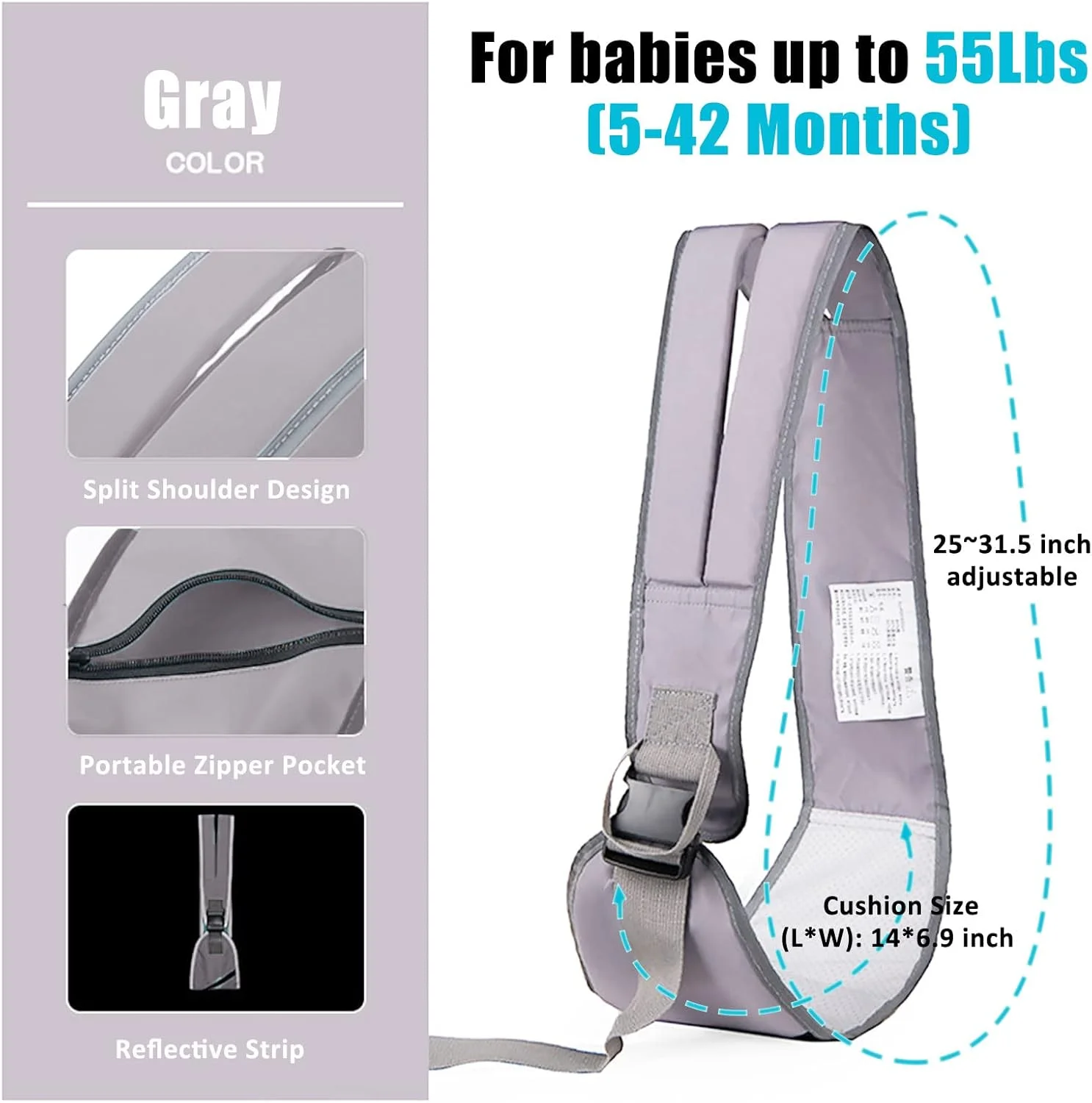 آغوشی نوزاد قابل حمل Mivofun، ارگونومیک، قابل تنظیم، دارای بندهای شانه ای پهن و جداگانه، آغوشی نرم و تنفسی برای نوزادان و کودکان نوپا تا وزن 25 کیلوگرم، 5 تا 42 ماهگی (خاکستری)