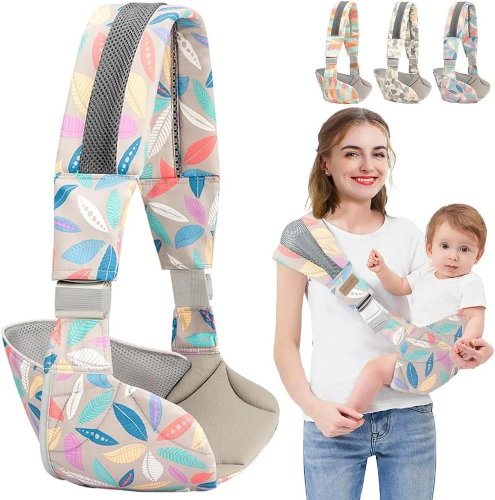 LBOYLOVE® آغوشی نوزاد یک طرفه قابل تنظیم، سبک و توری تنفسی به همراه صندلی نشیمن قابل حمل (طرح برگ)