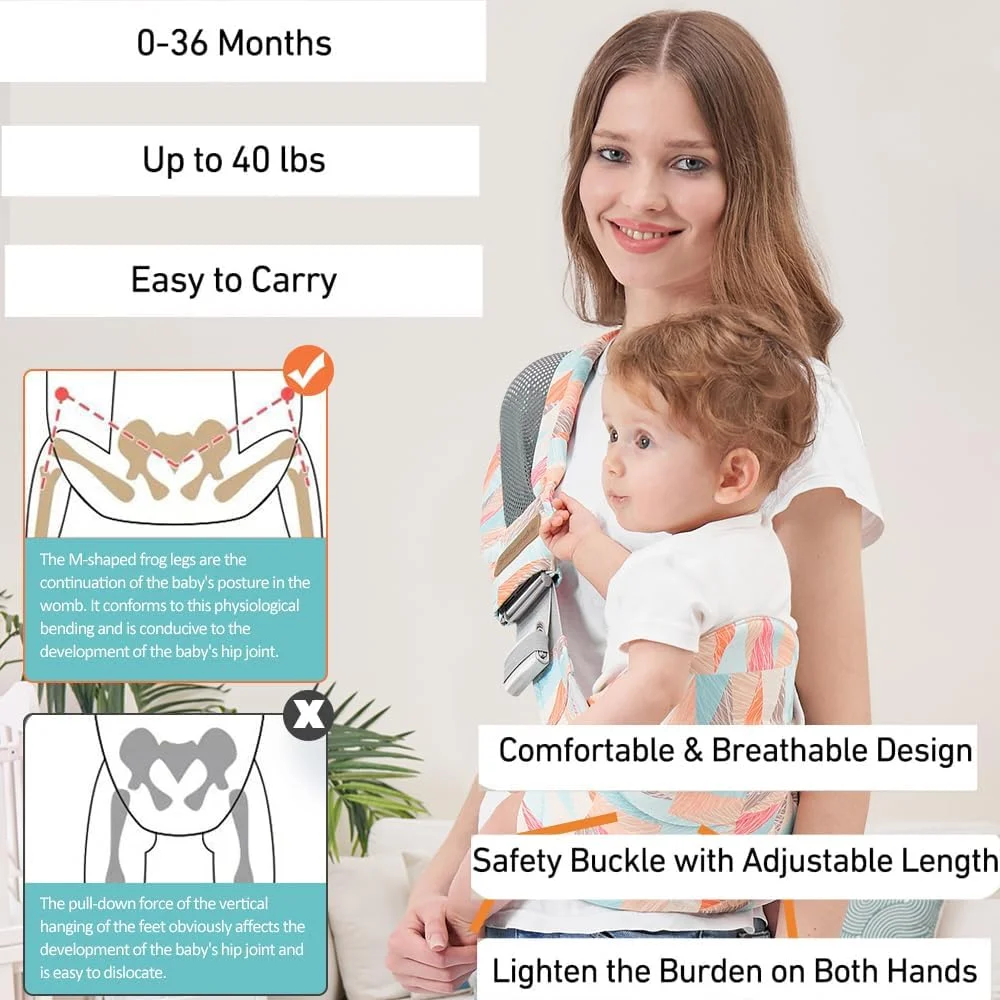 LBOYLOVE® آغوشی نوزاد یک طرفه قابل تنظیم، سبک و توری تنفسی به همراه صندلی نشیمن قابل حمل (طرح برگ)