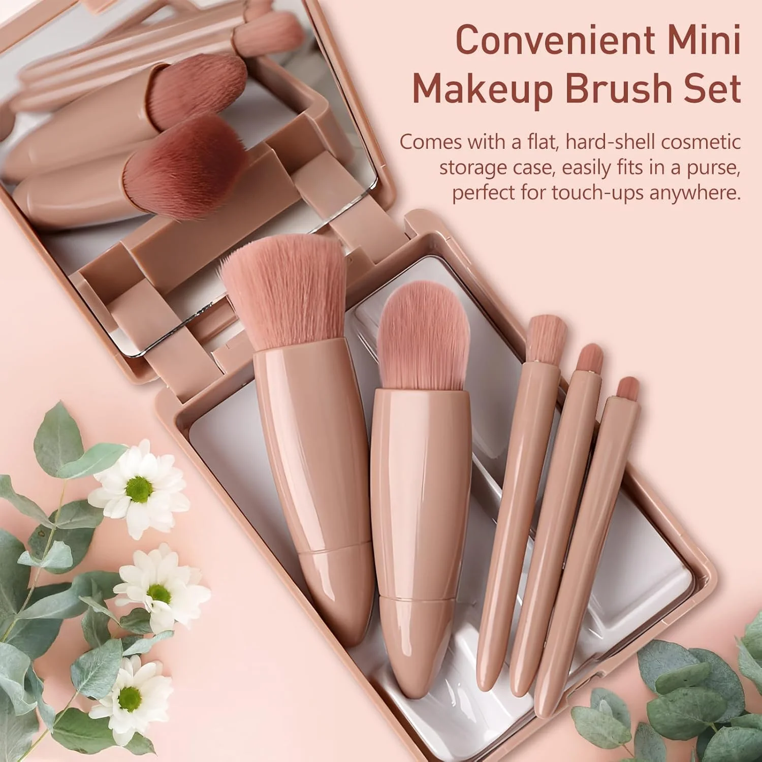 ست برس آرایشی مسافرتی کوتین صورتی با آینه، مجموعه 5 عددی برس های مینی کامل با عملکرد (10.6 سانتی متر * 7.6 سانتی متر)