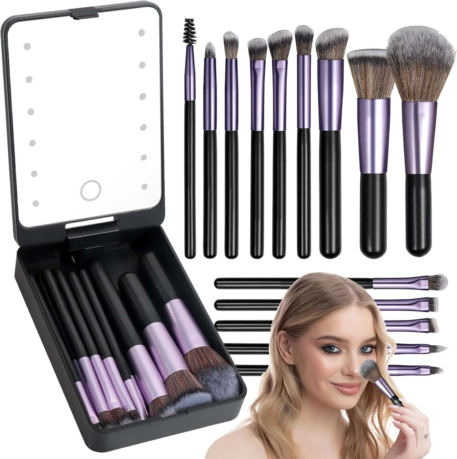 ست براش آرایشی مسافرتی KPX با آینه LED، ست براش آرایشی حرفه ای و مینی 14 عددی، جعبه نگهداری ست آرایش سایه چشم (مشکی مایل به ارغوانی) ست براش آرایشی مسافرتی KPX با آینه LED، ست براش آرایشی حرفه ای و مینی 14 عددی، جعبه نگهداری ست آرایش سایه چشم (مشکی مایل به ارغوانی)