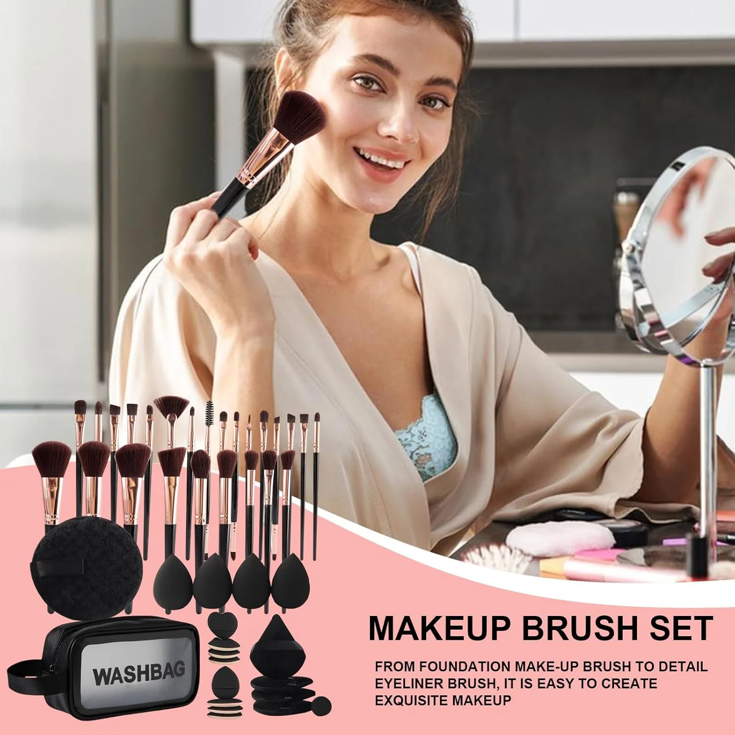 ست براش آرایشی مسافرتی kinrguiyuez، ست کامل 47 تکه براش آرایشی، بلندر آرایش صورت حرفه ای، اسفنج های آرایش چشم، پودر پاف برای زنان و دختران ست براش آرایشی مسافرتی kinrguiyuez، ست کامل 47 تکه براش آرایشی، بلندر آرایش صورت حرفه ای، اسفنج های آرایش چشم، پودر پاف برای زنان و دختران