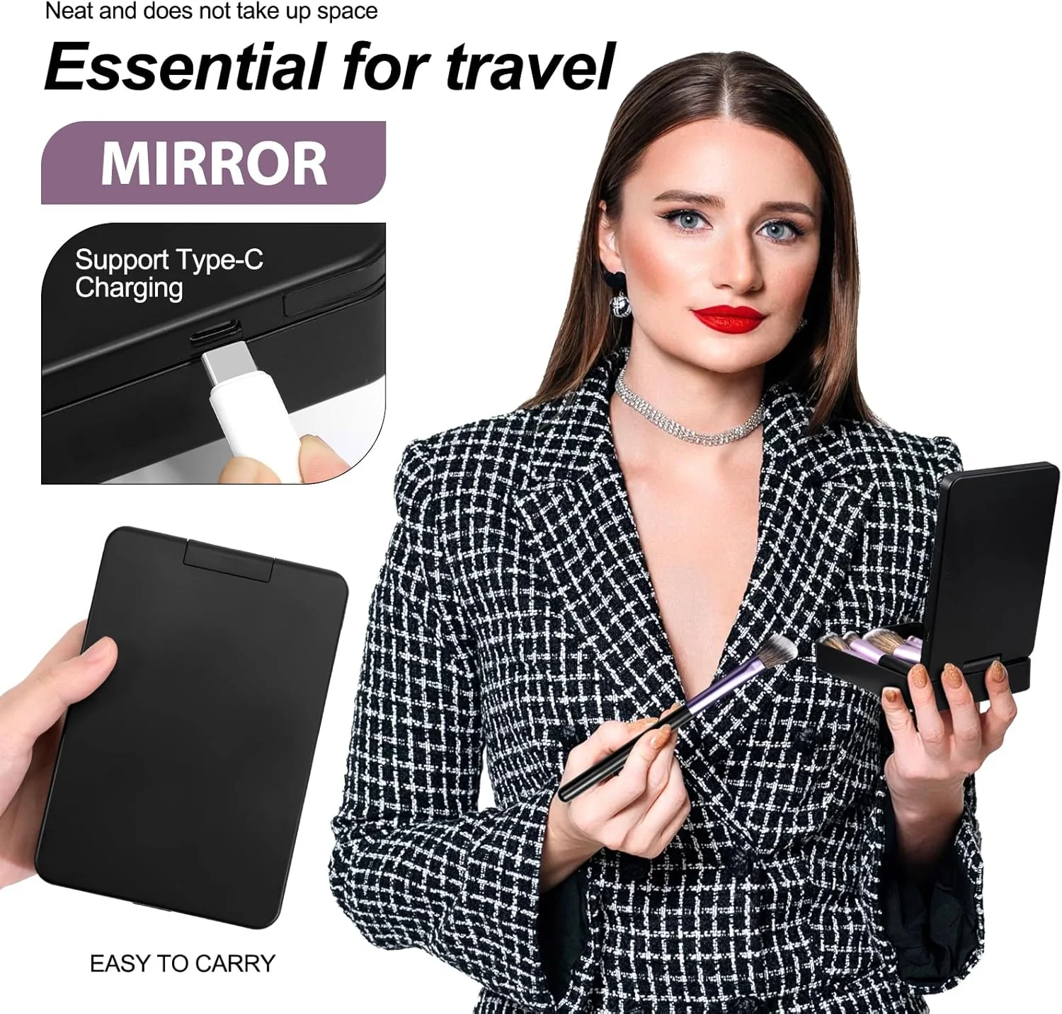 ست براش آرایشی مسافرتی KPX با آینه LED، ست براش آرایشی حرفه ای و مینی 14 عددی، جعبه نگهداری ست آرایش سایه چشم (مشکی مایل به ارغوانی) ست براش آرایشی مسافرتی KPX با آینه LED، ست براش آرایشی حرفه ای و مینی 14 عددی، جعبه نگهداری ست آرایش سایه چشم (مشکی مایل به ارغوانی)