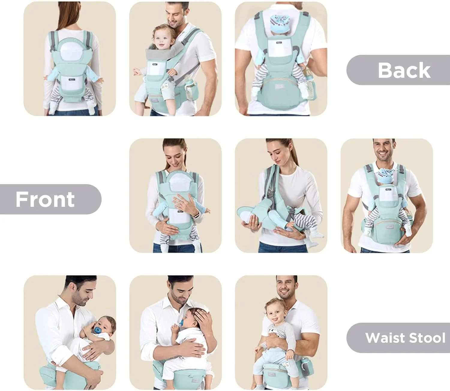 آغوشی نوزاد کامیتی با نشیمنگاه، چند منظوره 9 در 1، مناسب نوزاد تا نوپا برای تمام فصول، کوله پشتی آغوشی نوزاد، آغوشی چند منظوره (سبز روشن)