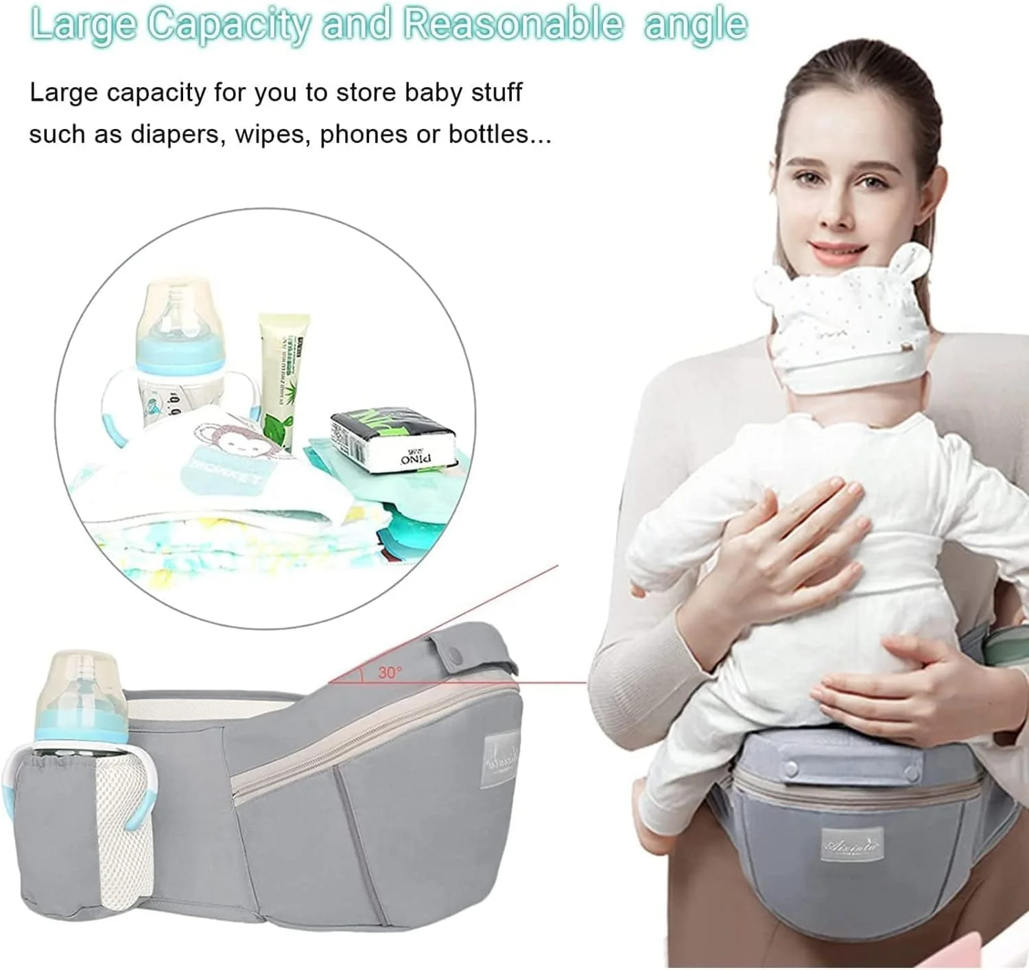 آغوشی نوزاد جورانب با نشیمنگاه، آغوشی کوله پشتی چند منظوره 9 در 1، راحت، تنفس پذیر، استفاده آسان با عملکرد ذخیره سازی، مناسب برای نوزادان 0-36 ماهه (خاکستری)