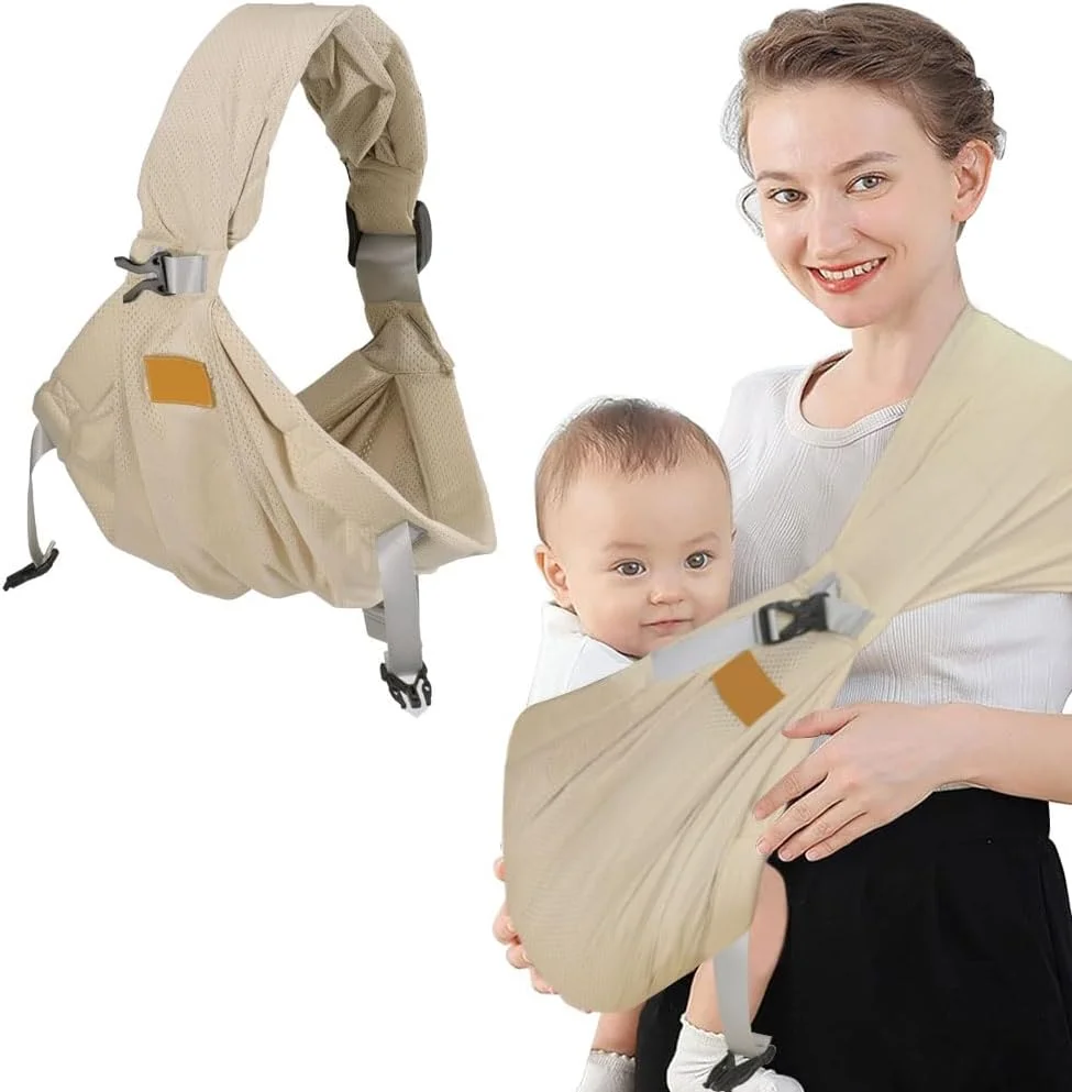 آغوشی نوزاد HOOTO، قابل تنفس و تنظیم شونده، آغوشی یک طرفه و صرفه جویی در کار، آغوشی توری نیمه پیچیده برای نوزادان 0-36 ماهه، نوزادان و کودکان نوپا، بژ