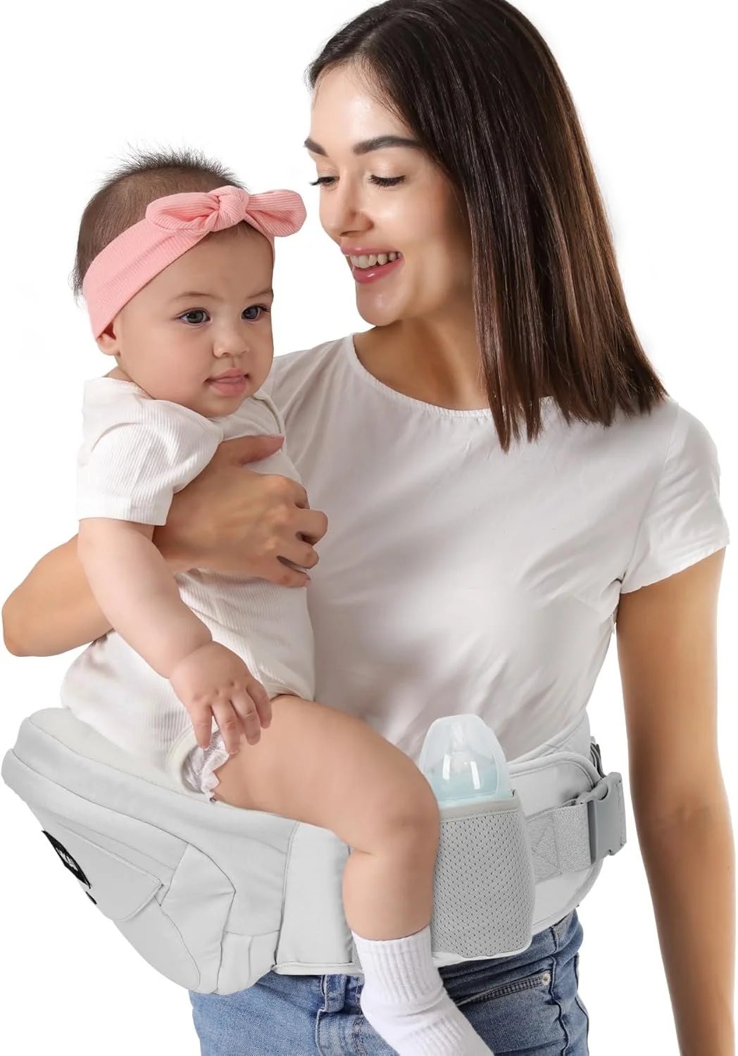 نشیمنگاه حمل نوزاد HKAI، برنده جایزه انتخاب مادر، حامل نوزاد با کمربند قابل تنظیم و توری تنفسی، حامل ارگونومیک با سطح نشیمنگاه ضد لغزش برای نوزادان و کودکان نوپا، خاکستری روشن